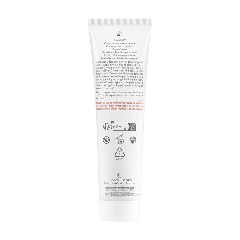 Retro del tubo Avène Cicalfate+ crema. Testo e simboli. Pierre Fabre Dermo-Cosmétique.
