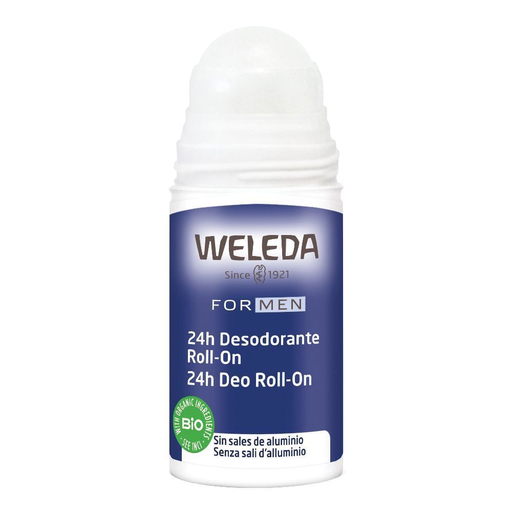 Weleda Men 24h Déodorant Roll-on. Bouteille blanche avec étiquette bleue. Texte: 24h Desodorante Roll-On, label Bio. Sans sels d'aluminium.