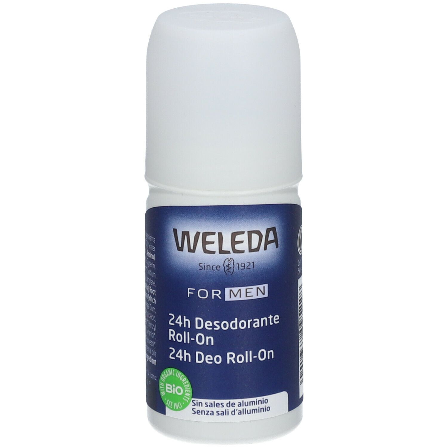 Weleda Men 24h Déodorant Roll-on. Bouteille blanche avec étiquette bleue. Texte: 24h Desodorante Roll-On, label Bio. Sans sels d'aluminium.