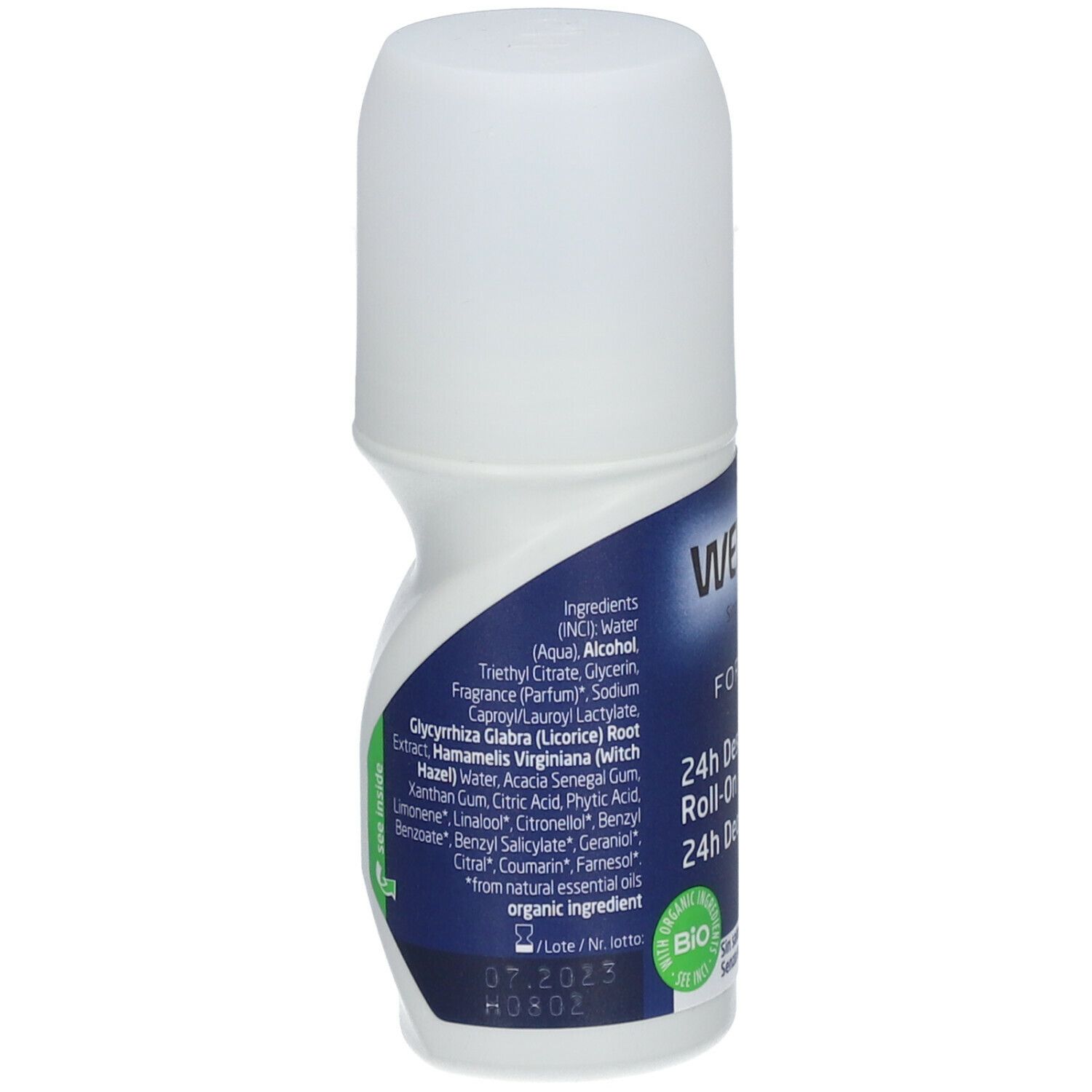 Weleda Men 24h Déodorant Roll-on. Bouteille blanche avec étiquette bleue. Texte: Ingrédients, 24h Desodorante Roll-On, label Bio. Sans sels d'aluminium.