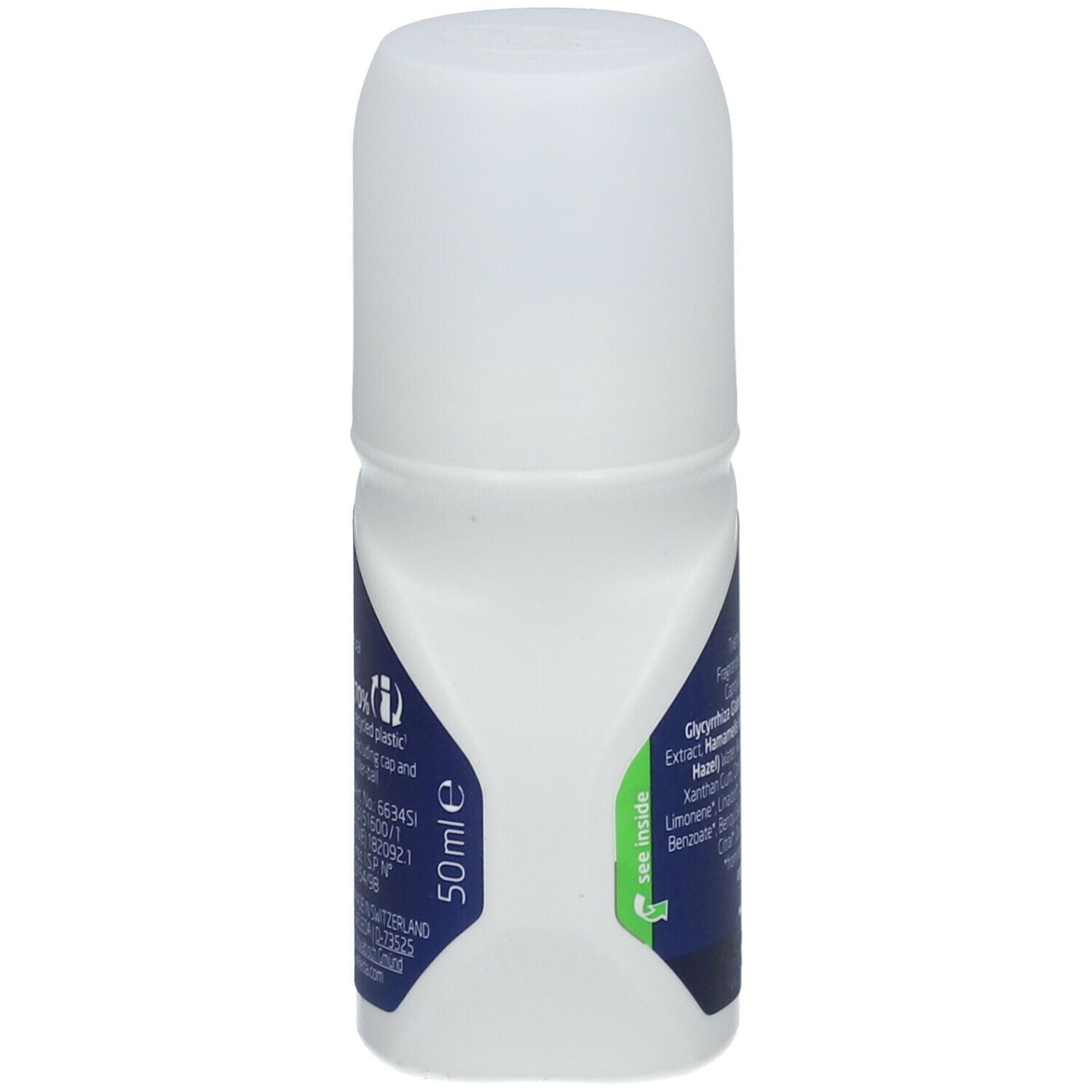 Weleda Men 24h Déodorant Roll-on. Bouteille blanche avec étiquette bleue. Texte: 50ml, Ingrédients, 24h Desodorante Roll-On, label Bio.