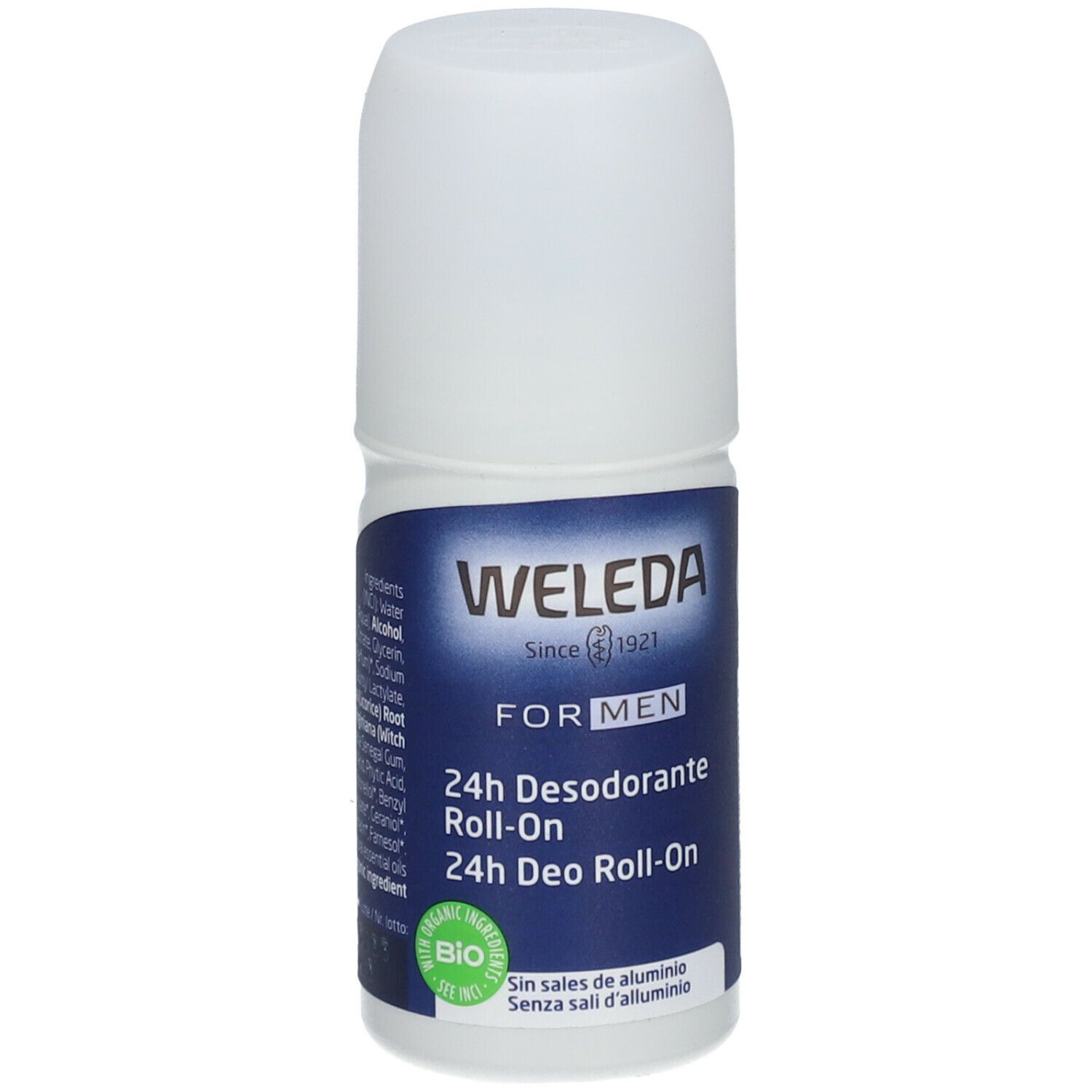 Weleda Men 24h Déodorant Roll-on. Bouteille blanche avec étiquette bleue. Texte: 24h Desodorante Roll-On, label Bio. Sans sels d'aluminium.