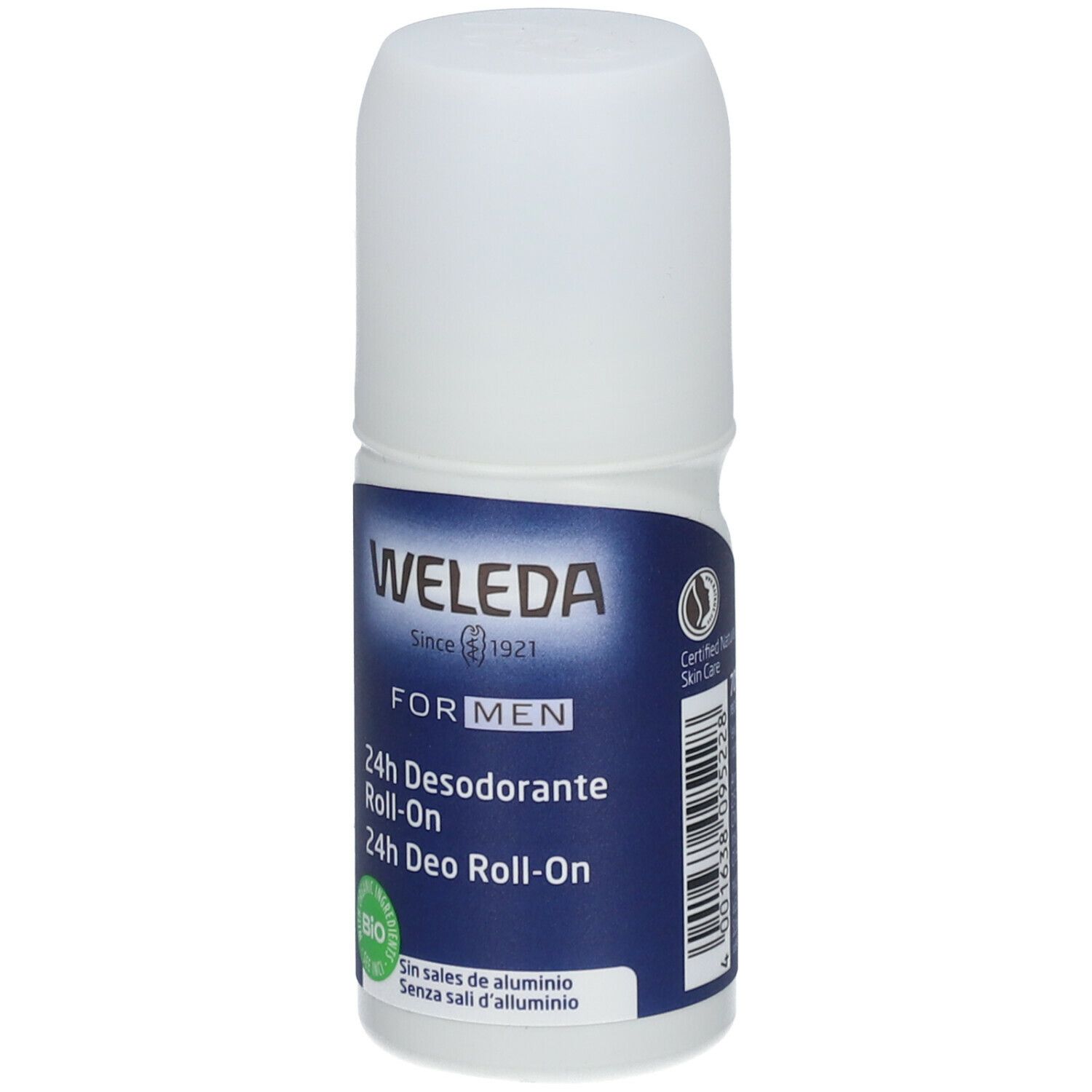 Weleda Men 24h Déodorant Roll-on. Bouteille blanche avec étiquette bleue. Texte: 24h Desodorante Roll-On, label Bio, certification.