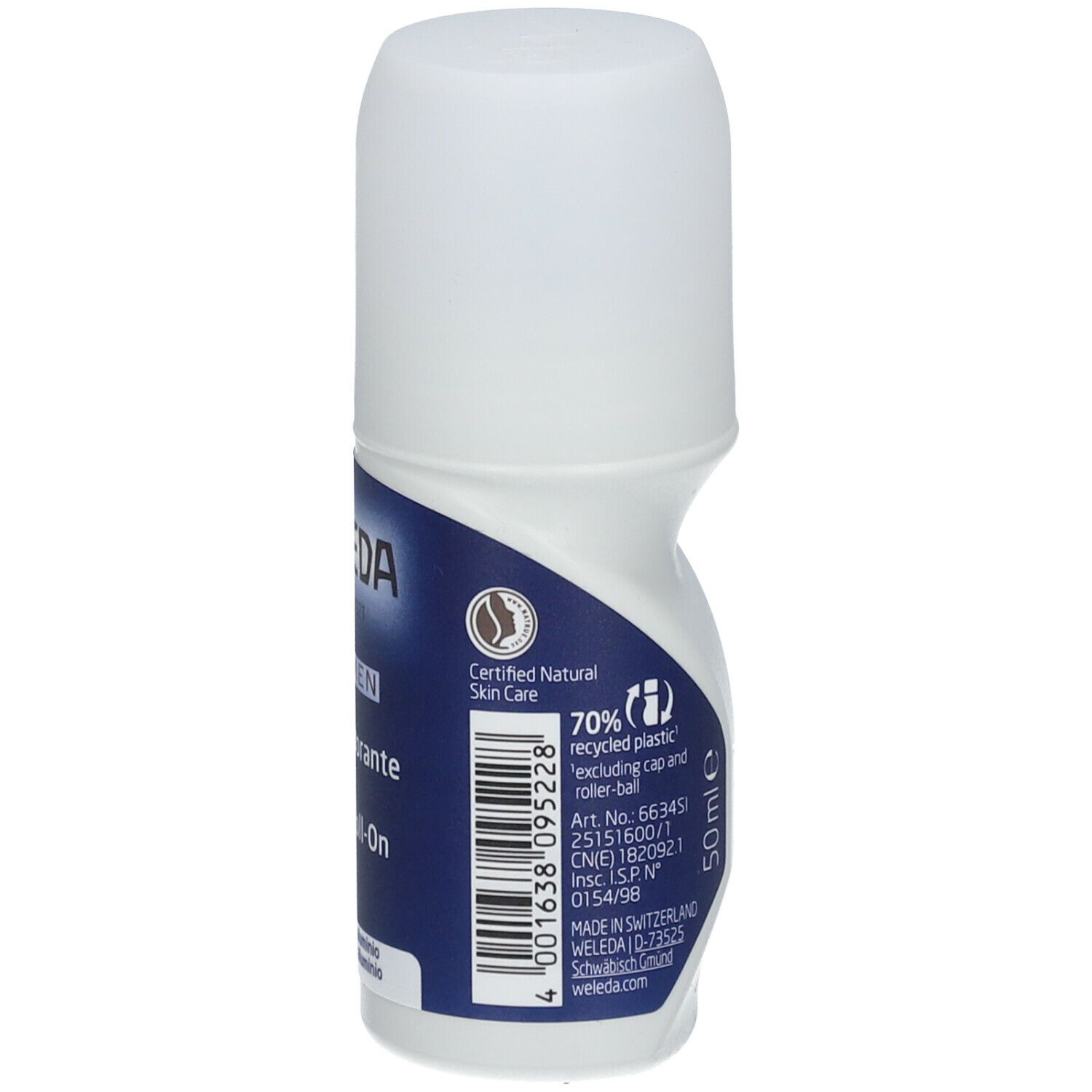 Weleda Men 24h Déodorant Roll-on. Bouteille blanche avec étiquette bleue. Texte: 50ml, matériau recyclé, certification, code-barres.