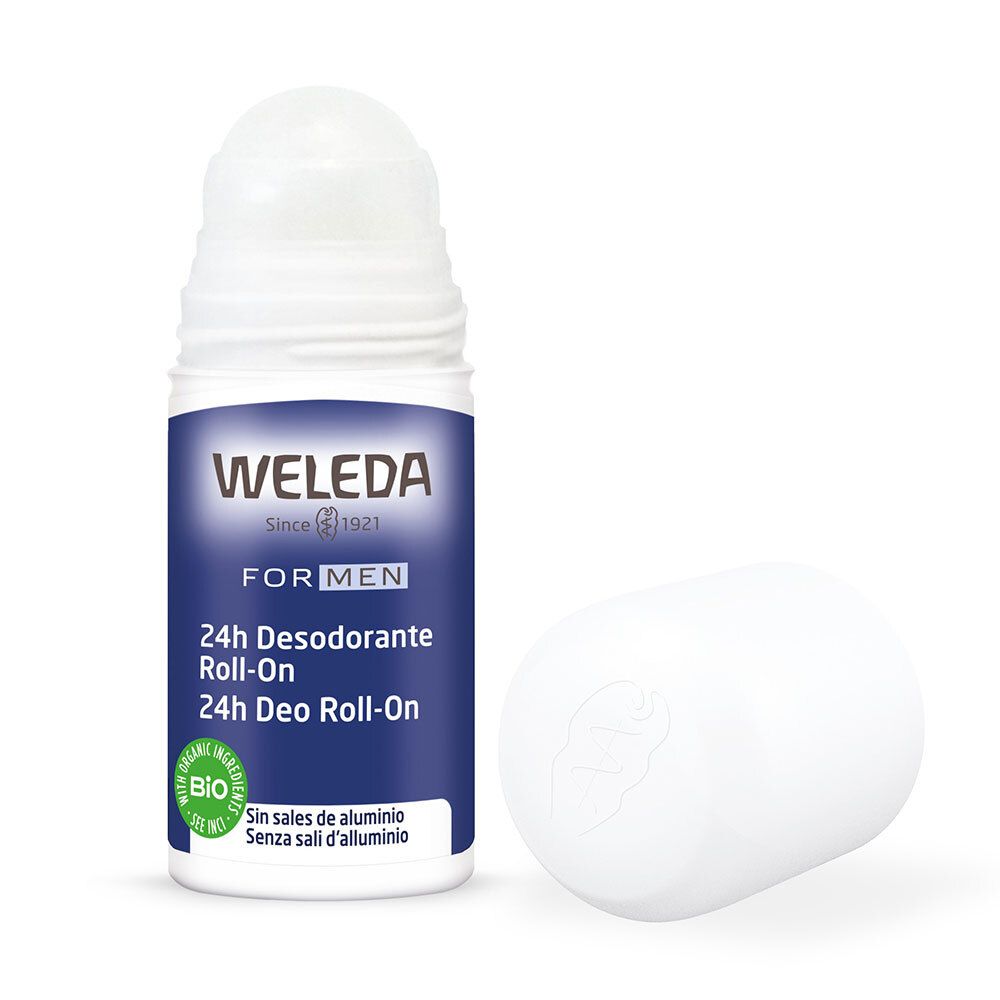 Weleda Men 24h Déodorant Roll-on. Bouteille blanche avec bouchon détaché. Étiquette bleue. Texte: 24h Desodorante Roll-On, label Bio.