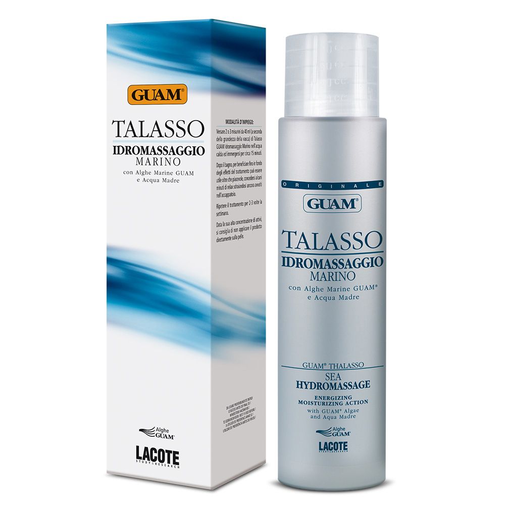 GUAM Talasso Idromassaggio Marino. Bottiglia e confezione. Confezione blu e bianca con nome del prodotto e logo.