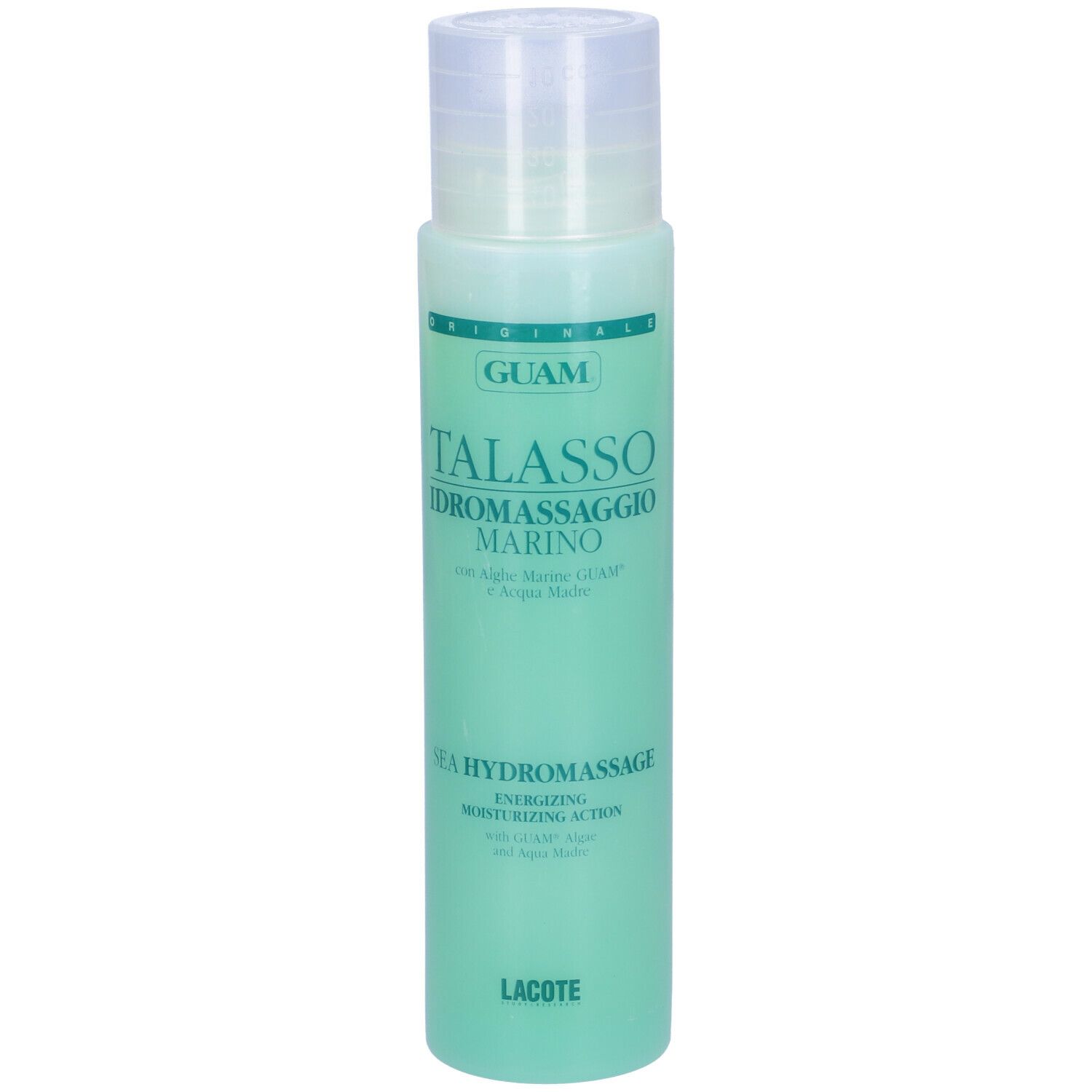 GUAM Talasso Idromassaggio Marino. Bottiglia verde con tappo bianco. Nome del prodotto e logo visibili.