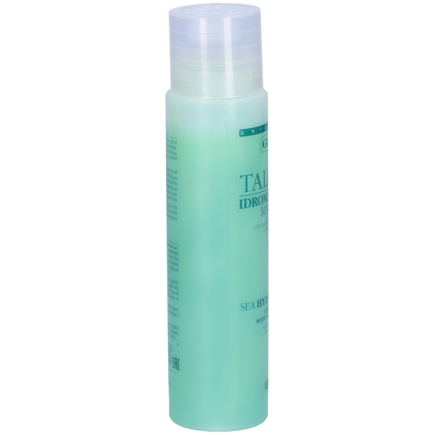 GUAM Talasso Idromassaggio Marino. Bottiglia verde con tappo bianco. Nome del prodotto e logo visibili.