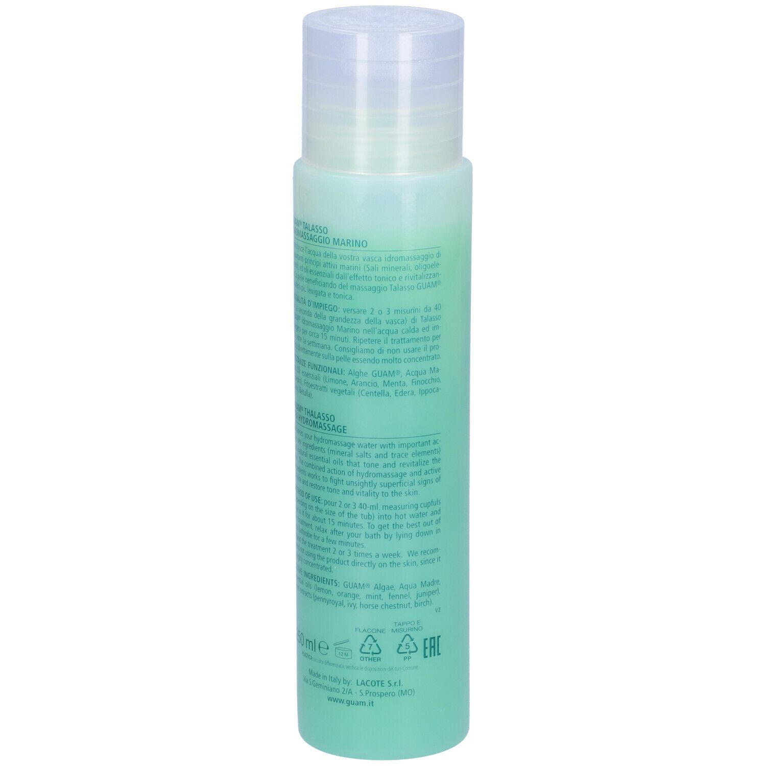 GUAM Talasso Idromassaggio Marino. Bottiglia verde con tappo bianco. Retro con informazioni sul prodotto.