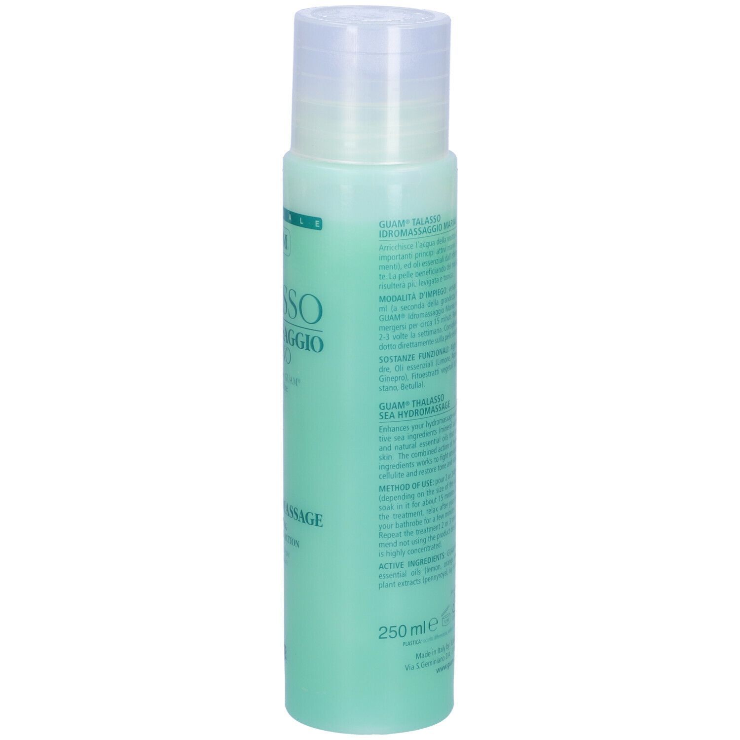 GUAM Talasso Idromassaggio Marino. Bottiglia verde con tappo bianco. Retro con informazioni sul prodotto.