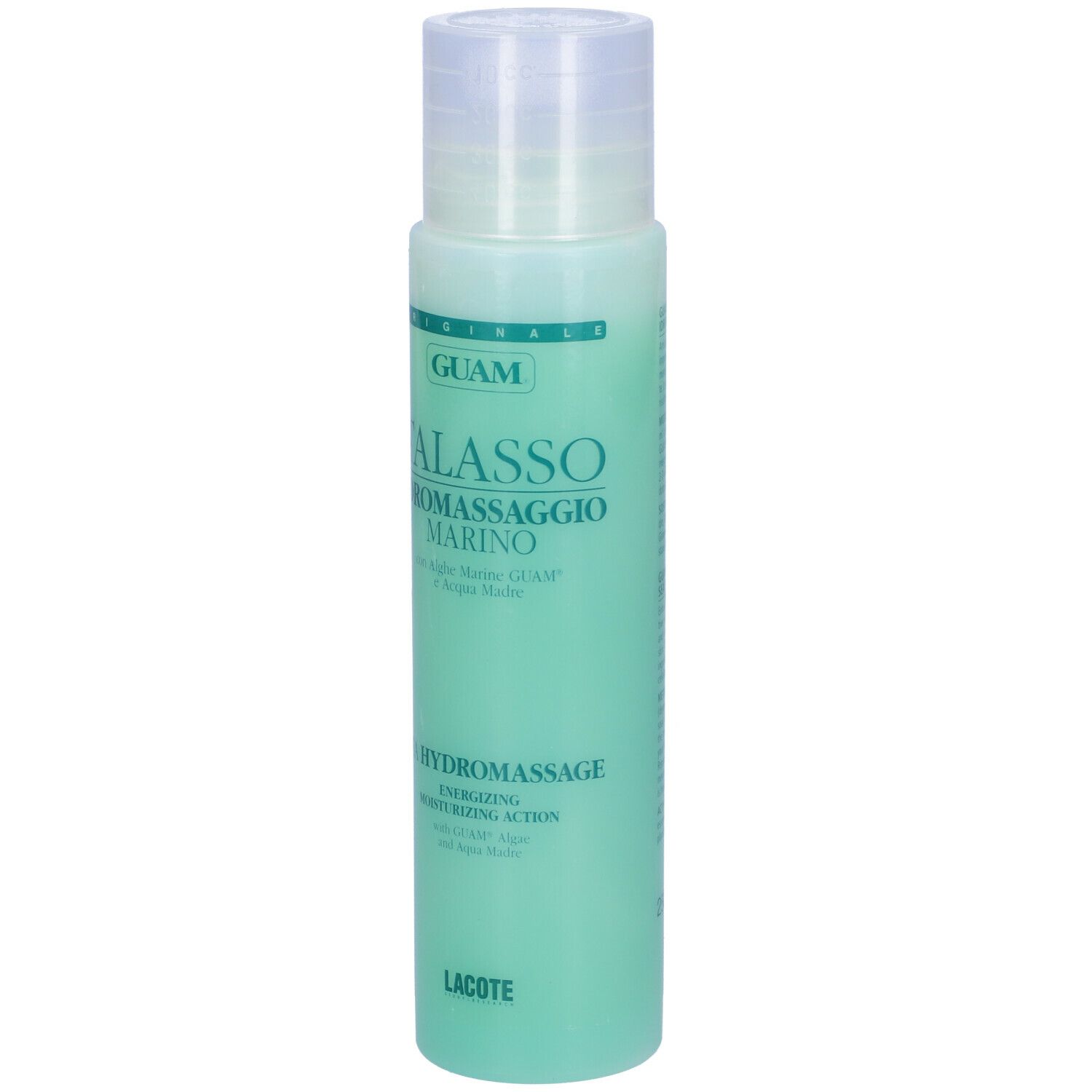 GUAM Talasso Idromassaggio Marino. Bottiglia verde con tappo bianco. Nome del prodotto e logo visibili.