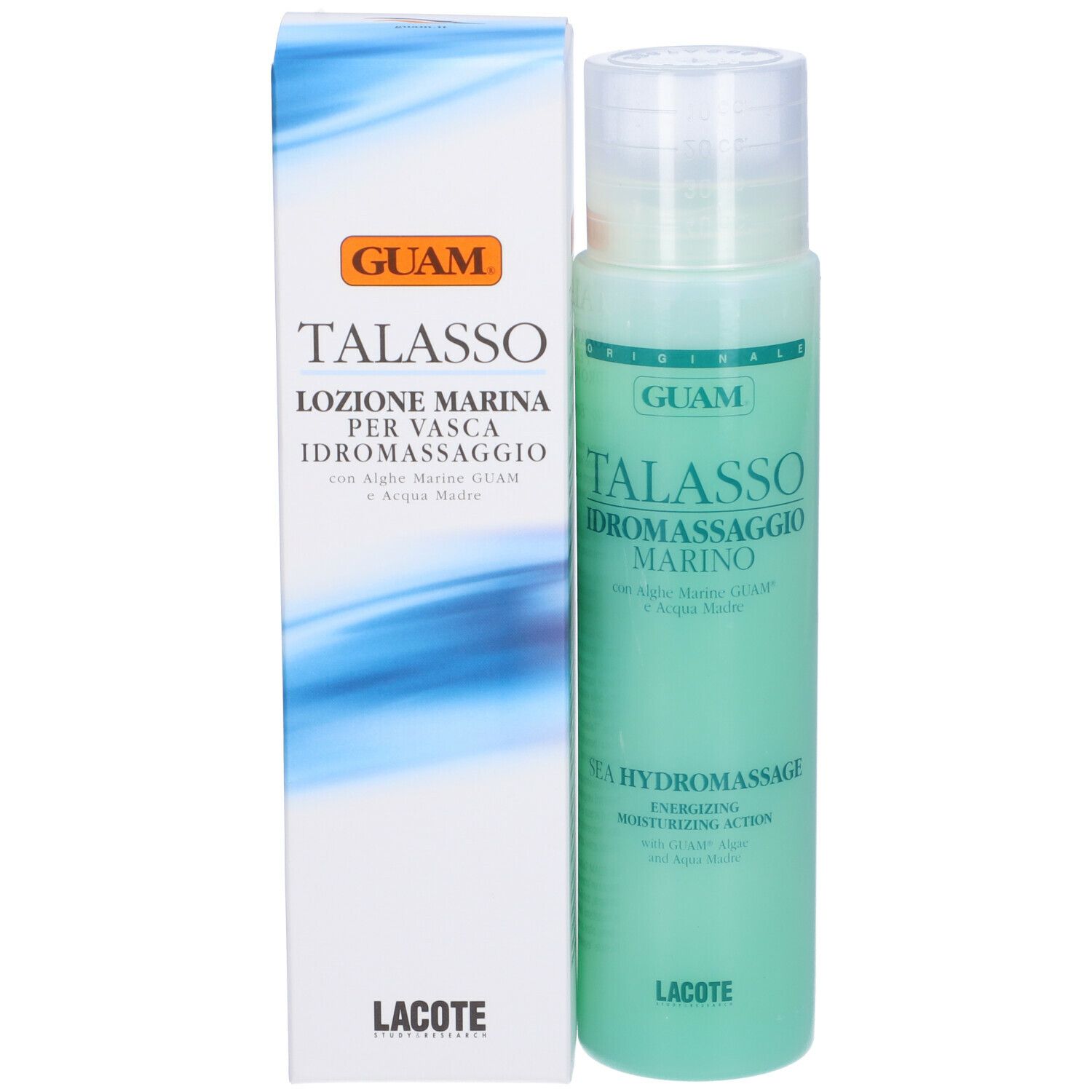 GUAM Talasso Idromassaggio Marino. Bottiglia e confezione. Bottiglia verde e confezione bianca con logo.