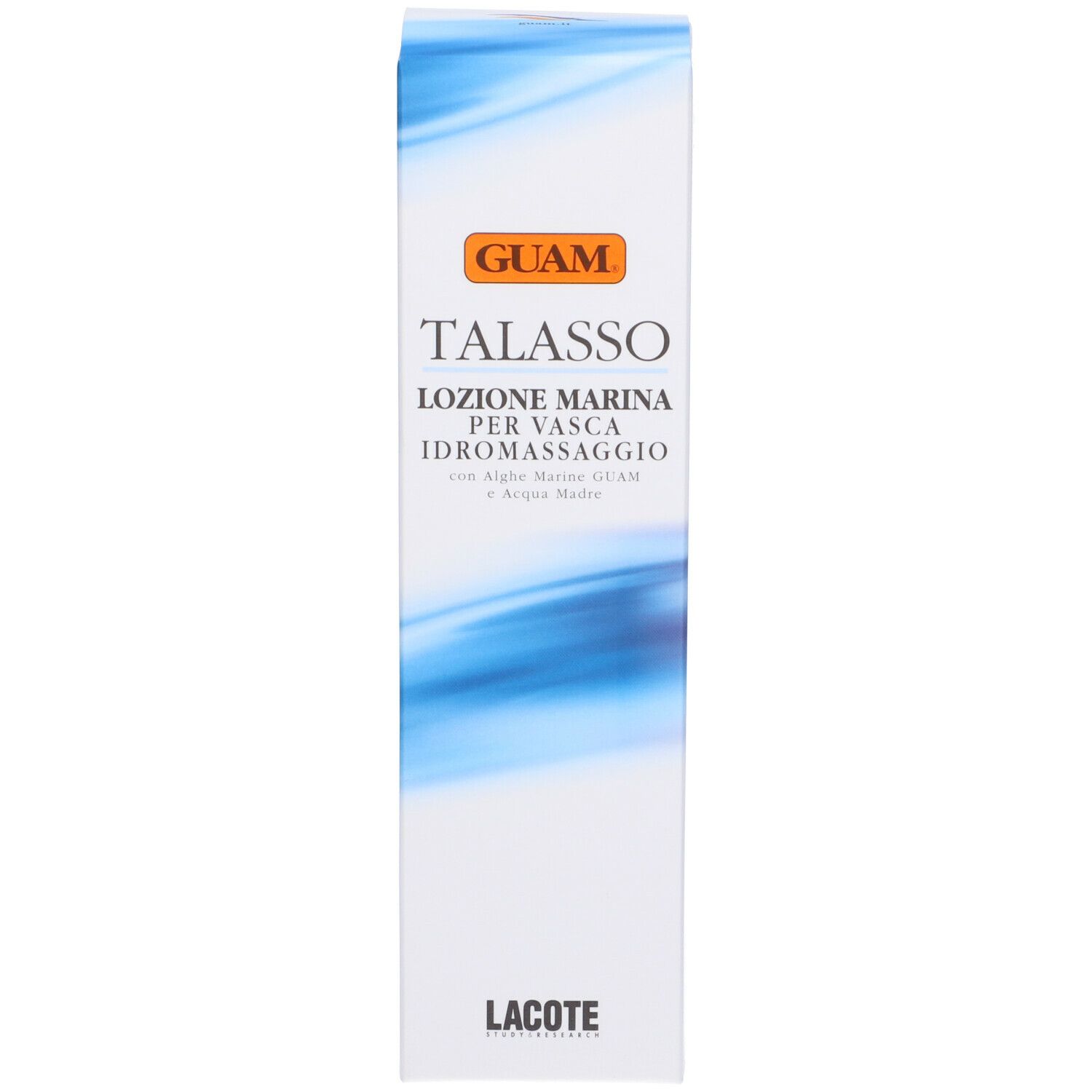 GUAM Talasso Idromassaggio Marino. Confezione bianca con nome del prodotto e logo. Onde blu.