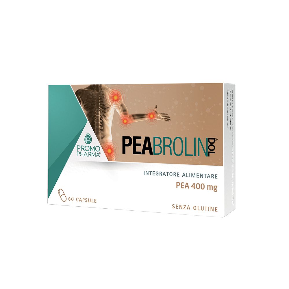 Confezione PromoPharma Peabrolin Dol. Contiene 60 capsule. Scritta: PEA 400 mg, senza glutine. Illustrazione scheletro con punti di dolore.