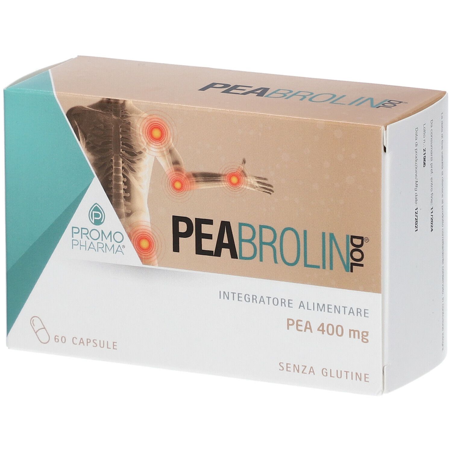 Confezione PromoPharma Peabrolin Dol. Contiene 60 capsule. Scritta: PEA 400 mg, senza glutine. Illustrazione scheletro con punti di dolore.