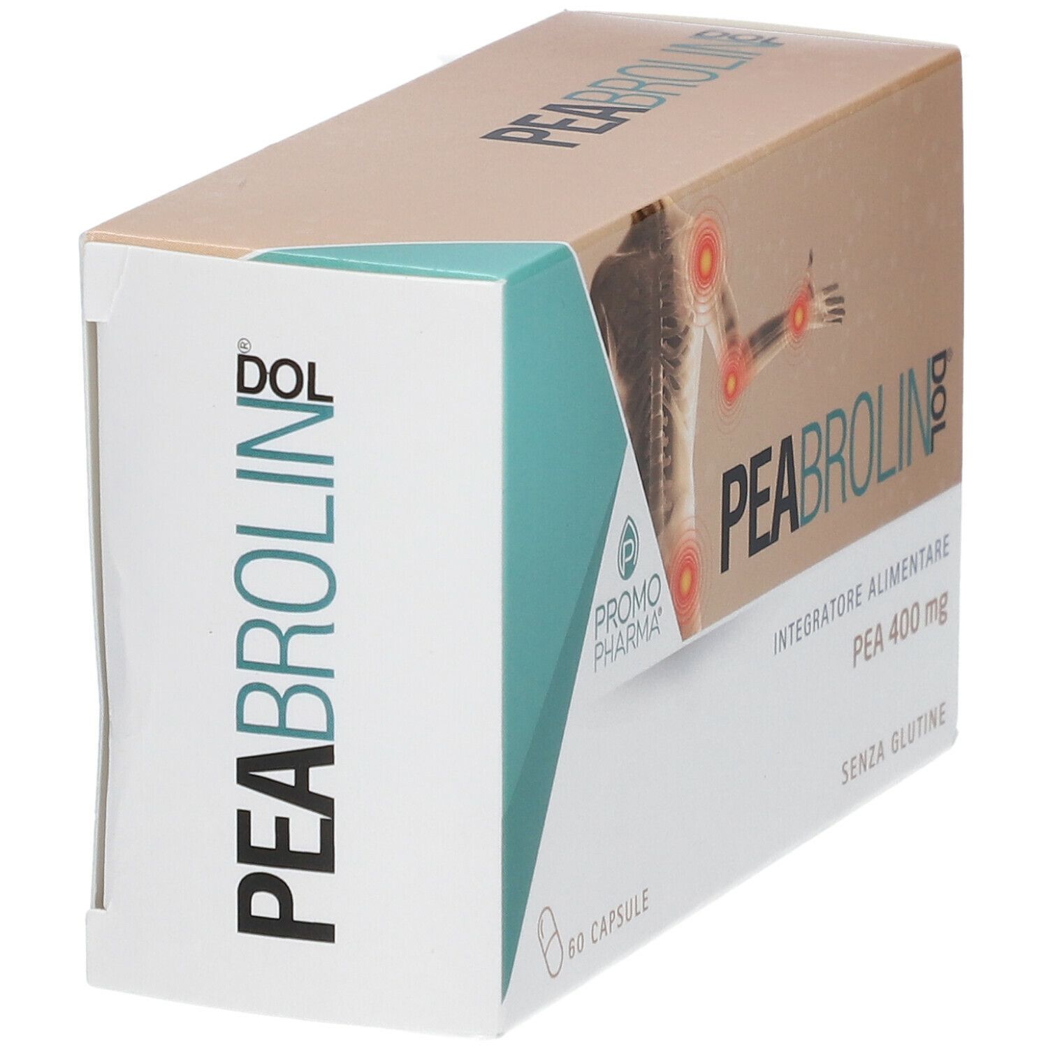 Confezione PromoPharma Peabrolin Dol. Contiene 60 capsule. Scritta: PEA 400 mg, senza glutine. Illustrazione scheletro con punti di dolore.