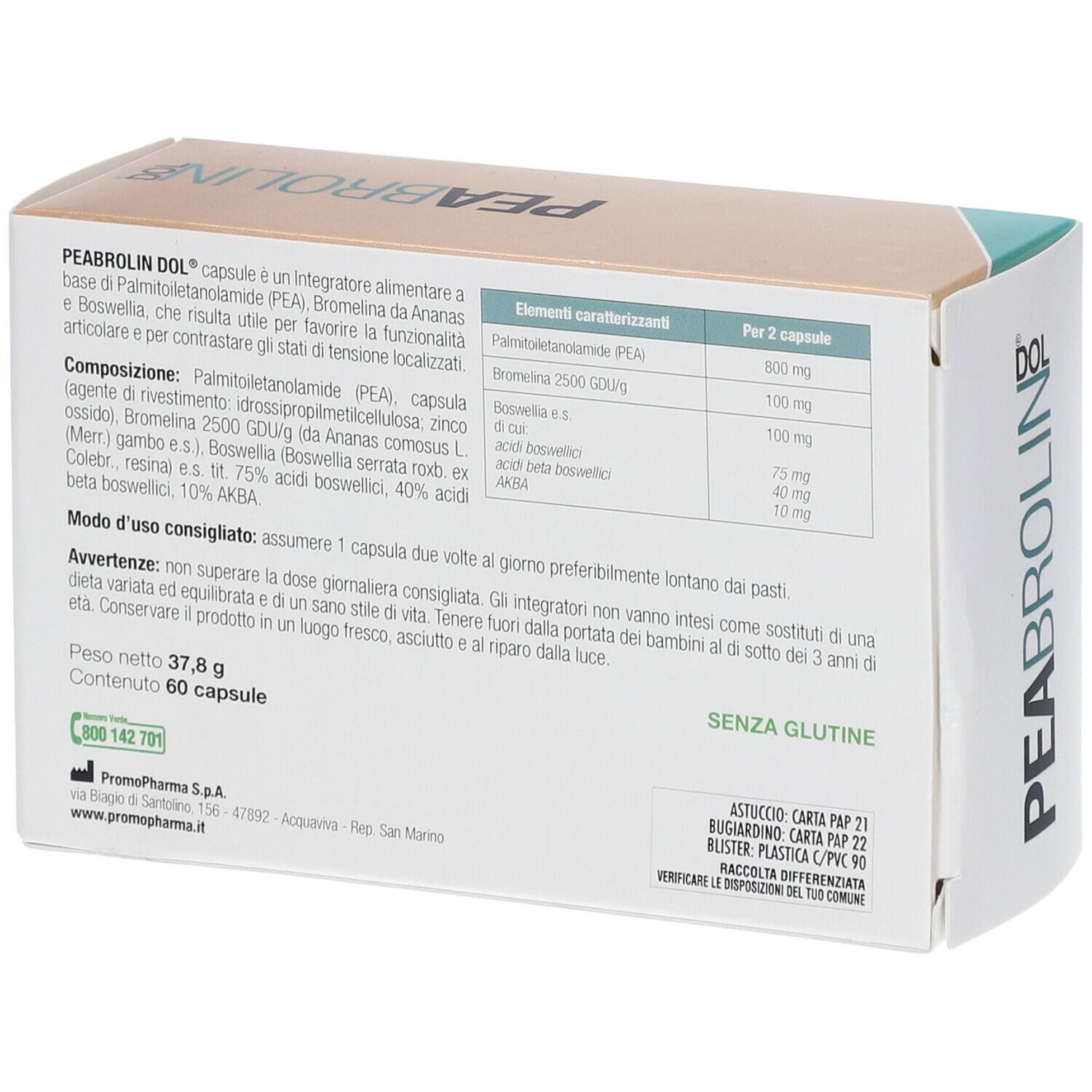 Retro della confezione PromoPharma Peabrolin Dol. Contiene informazioni su ingredienti, uso e valori nutrizionali. Senza glutine.