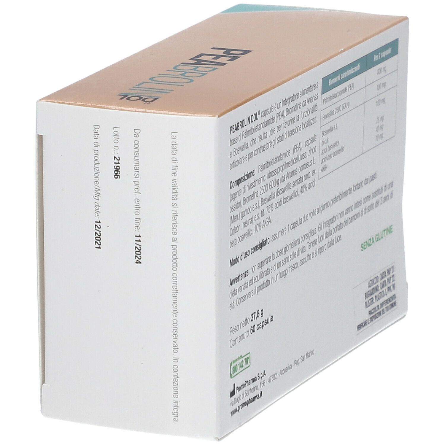 Confezione PromoPharma Peabrolin Dol, in diagonale. Contiene informazioni su ingredienti, uso e valori nutrizionali. Senza glutine.