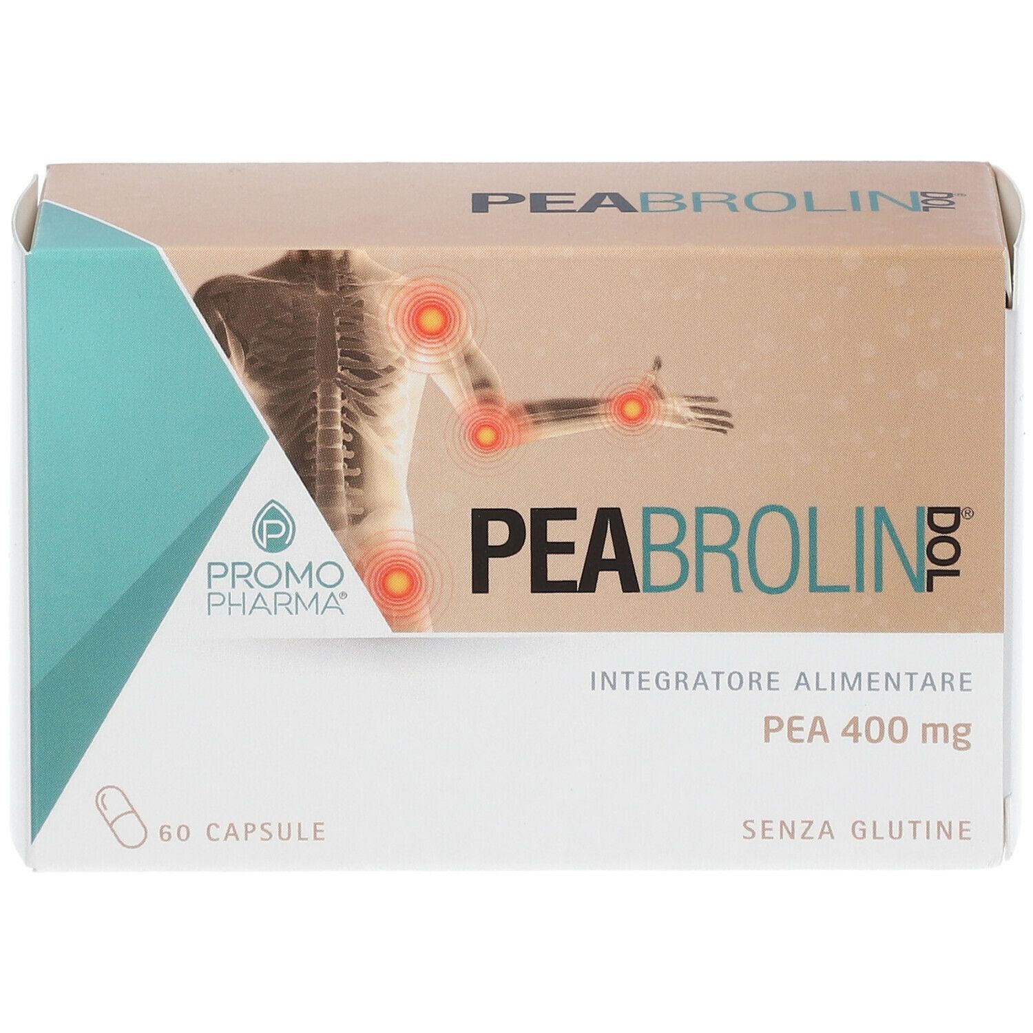 Confezione PromoPharma Peabrolin Dol. Contiene 60 capsule. Scritta: PEA 400 mg, senza glutine. Illustrazione scheletro con punti di dolore.