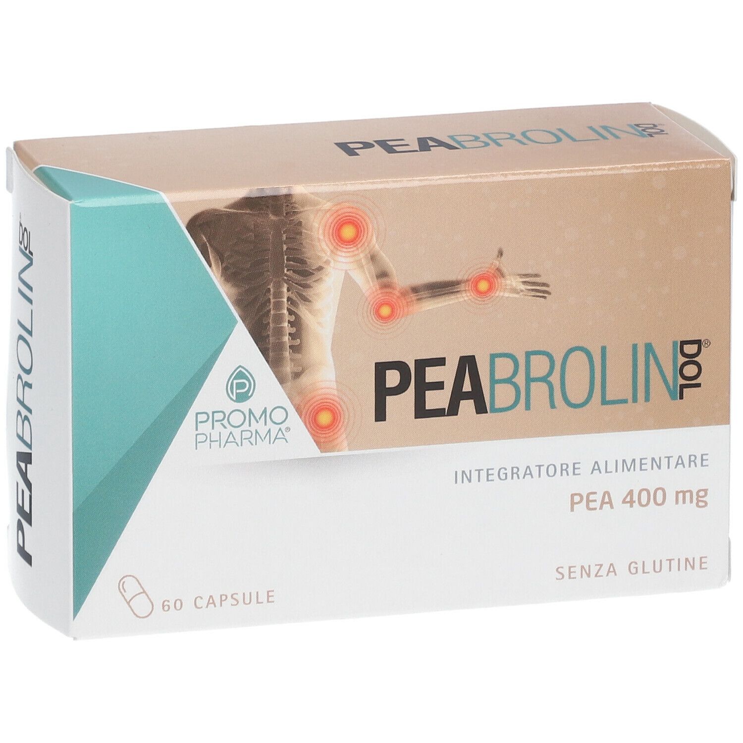 Confezione PromoPharma Peabrolin Dol. Contiene 60 capsule. Scritta: PEA 400 mg, senza glutine. Illustrazione scheletro con punti di dolore.