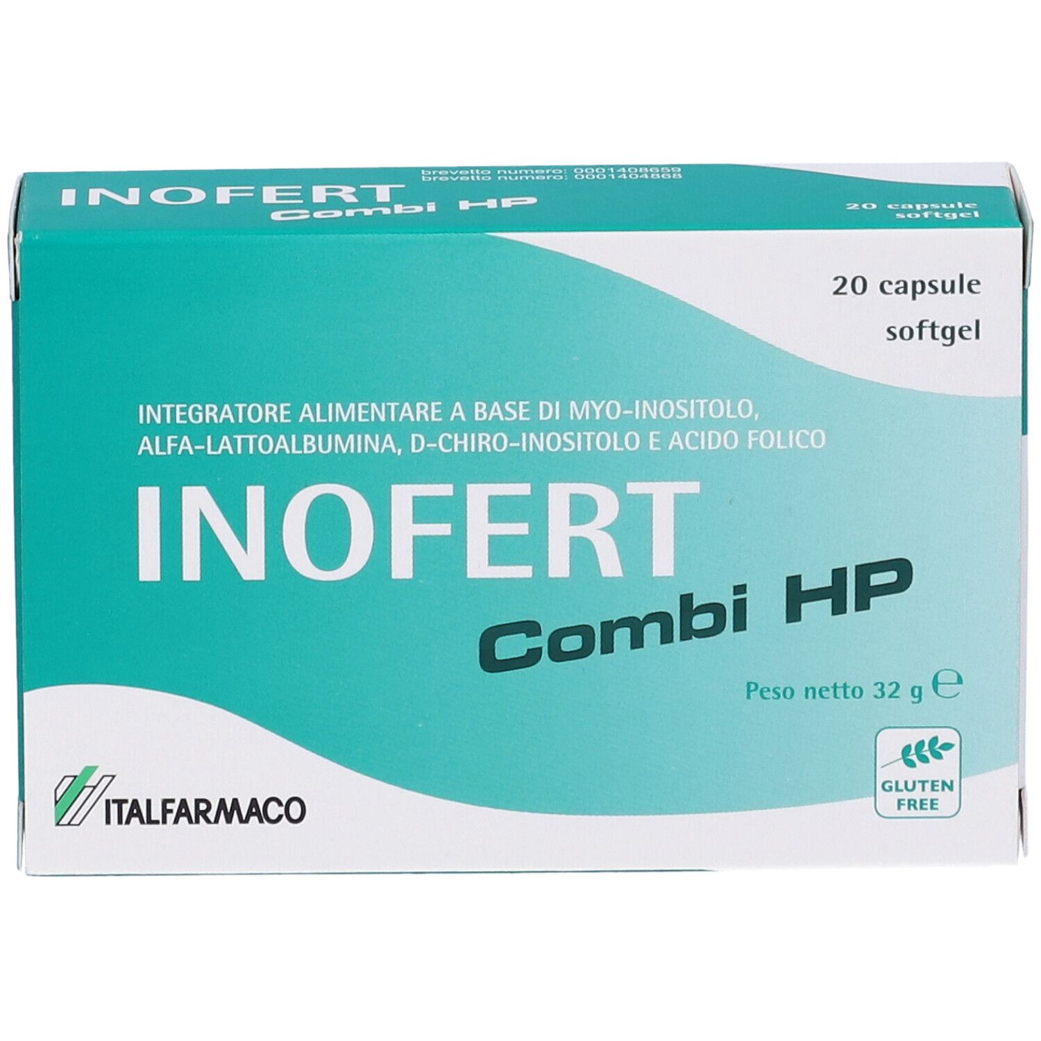 Scatola INOFERT Combi HP. Scritta: 20 capsule, senza glutine. Design turchese e bianco.