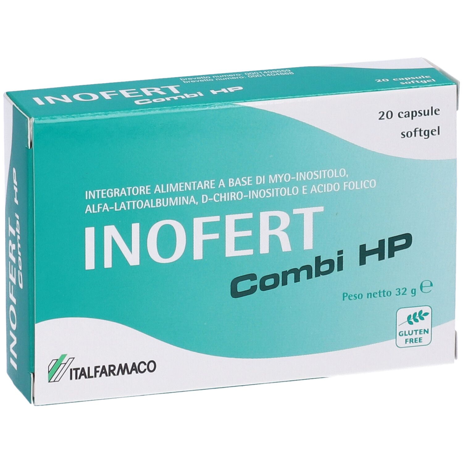 Scatola INOFERT Combi HP. Scritta: 20 capsule, senza glutine. Design turchese e bianco.