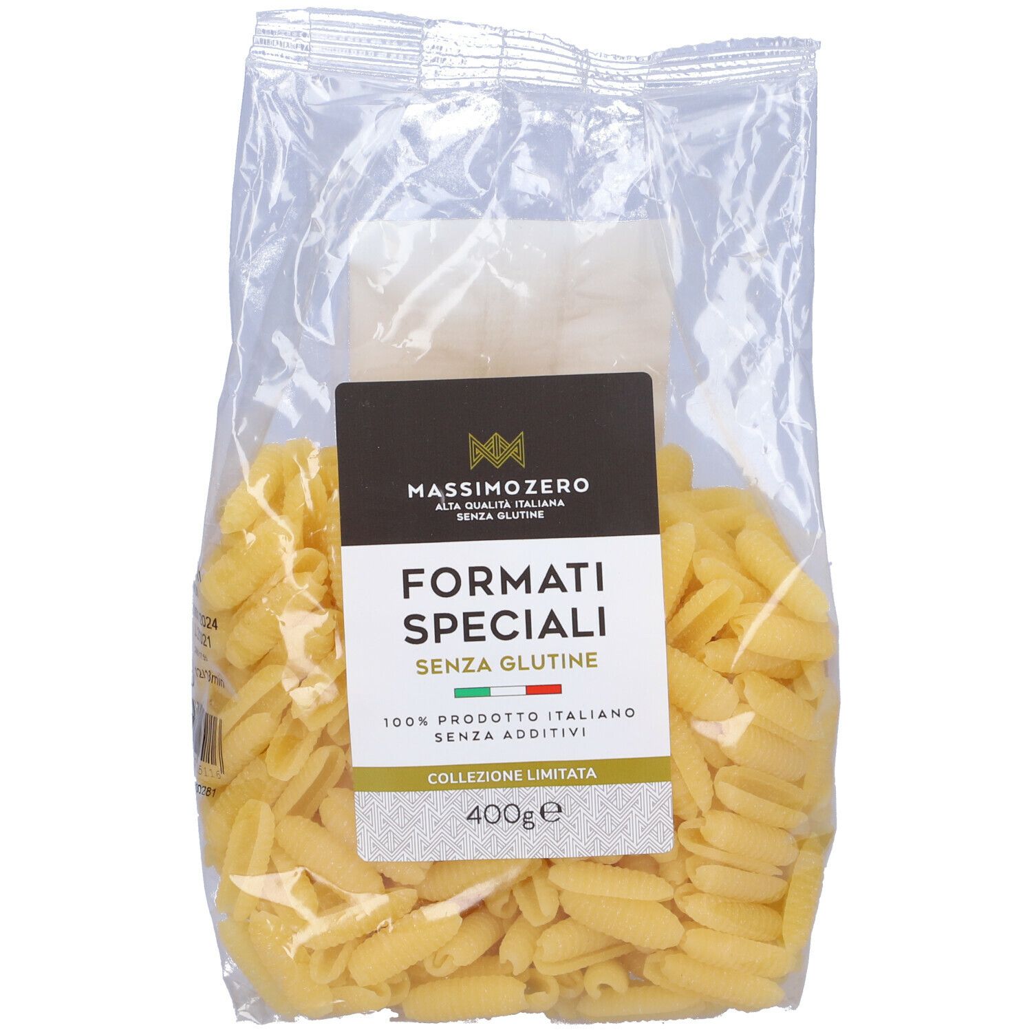 Confezione trasparente di gnocchetti Massimo Zero. Etichetta "Formati Speciali Senza Glutine".
