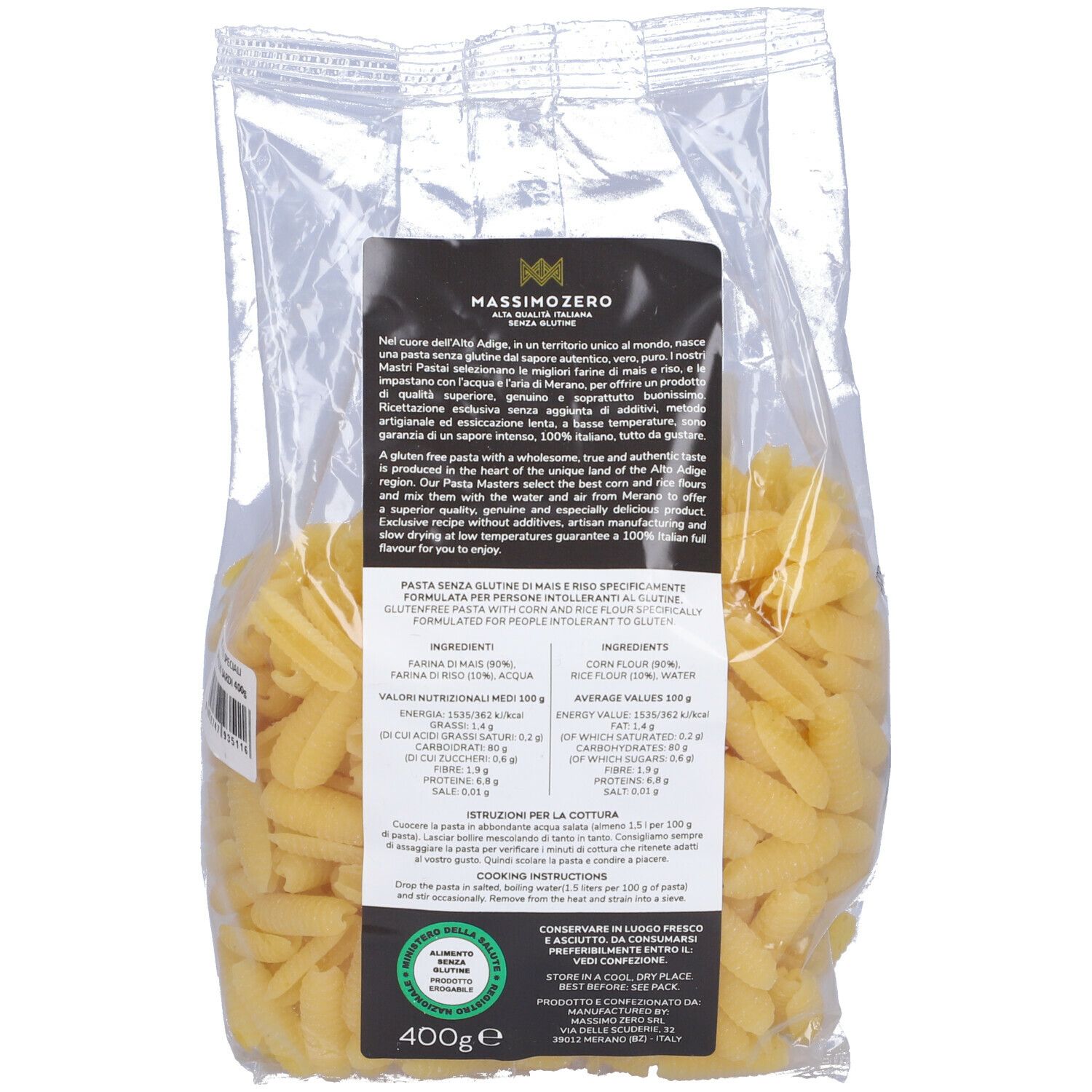 Retro della confezione di gnocchetti Massimo Zero. Testo e informazioni nutrizionali.