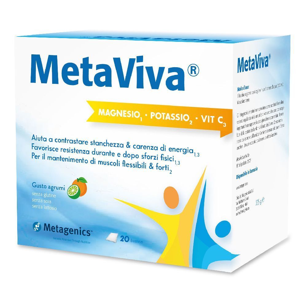 Confezione MetaViva®. Contiene magnesio, potassio, vitamina C. 20 bustine. Gusto agrumi. Logo Metagenics.