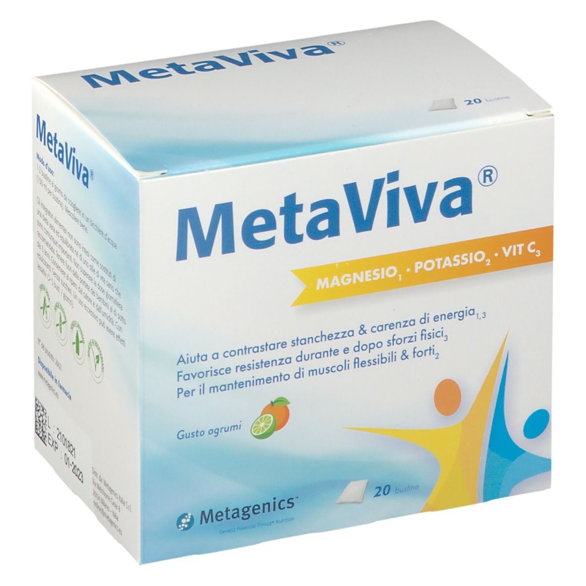 Confezione MetaViva®. Contiene magnesio, potassio, vitamina C. 20 bustine. Testo in italiano. Logo Metagenics.