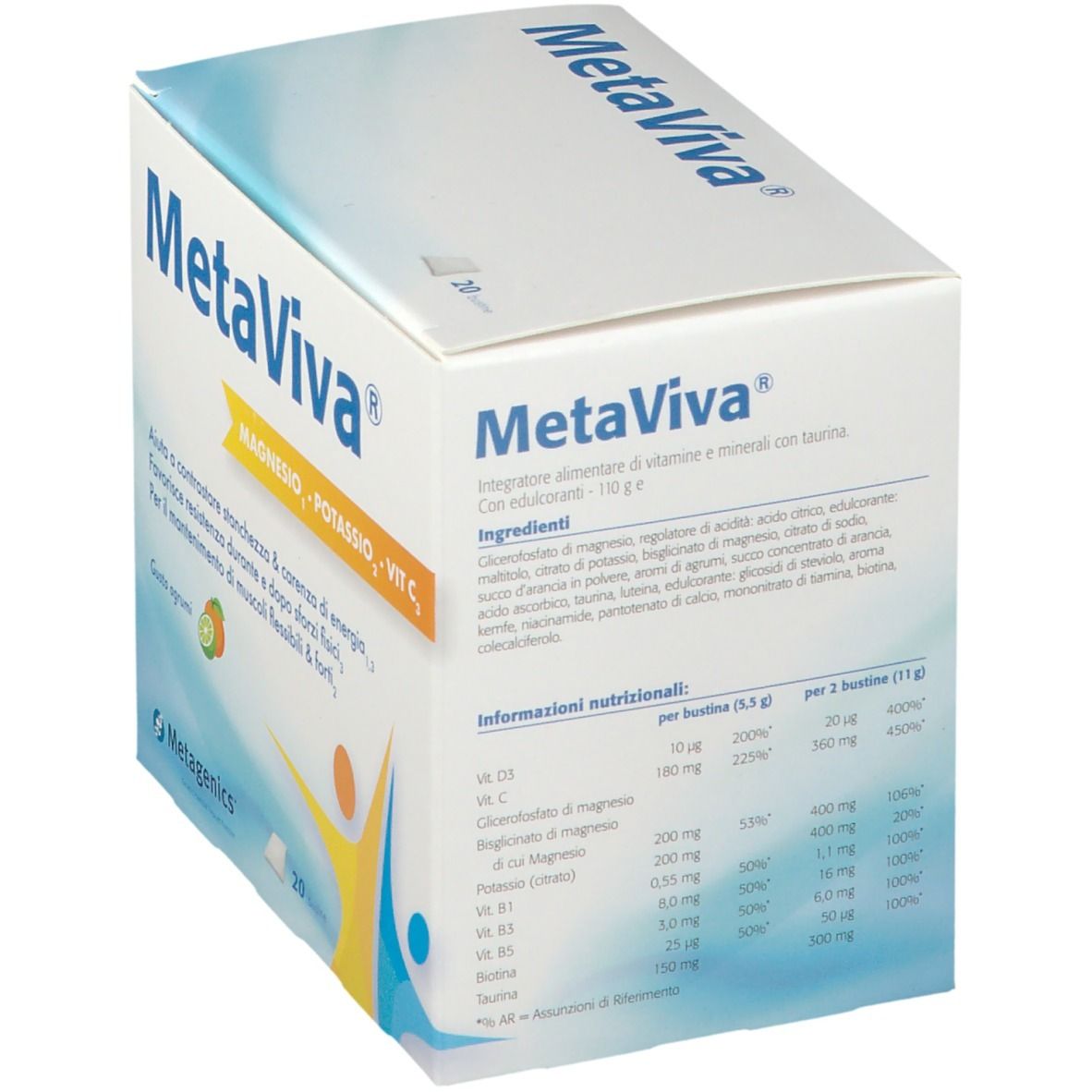 Confezione MetaViva®. Contiene magnesio, potassio, vitamina C. 20 bustine. Testo in italiano. Informazioni nutrizionali.