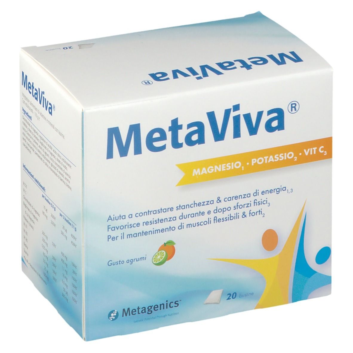 Confezione MetaViva®. Contiene magnesio, potassio, vitamina C. 20 bustine. Testo in italiano. Logo Metagenics.