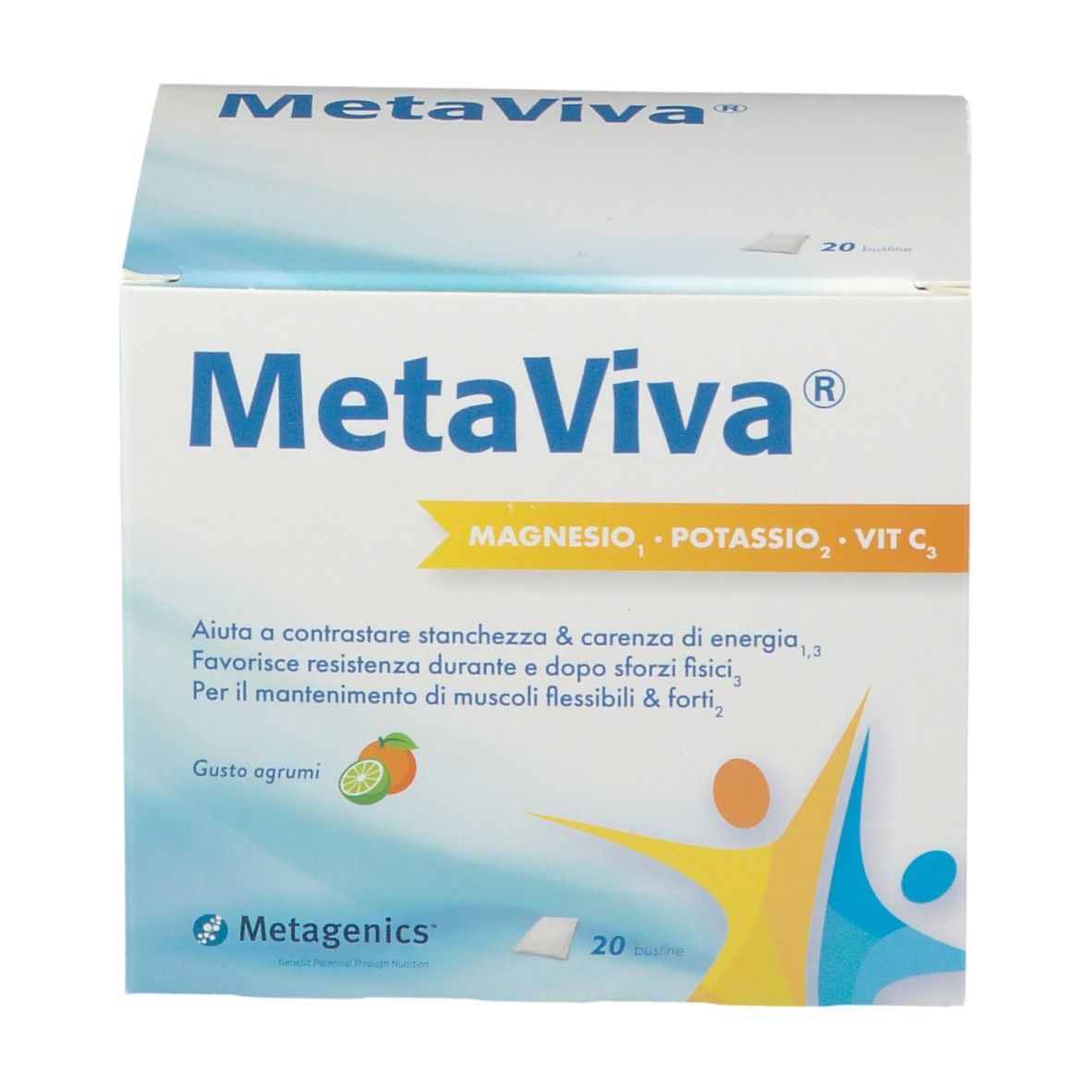 Confezione MetaViva®. Contiene magnesio, potassio, vitamina C. 20 bustine. Testo in italiano. Logo Metagenics.