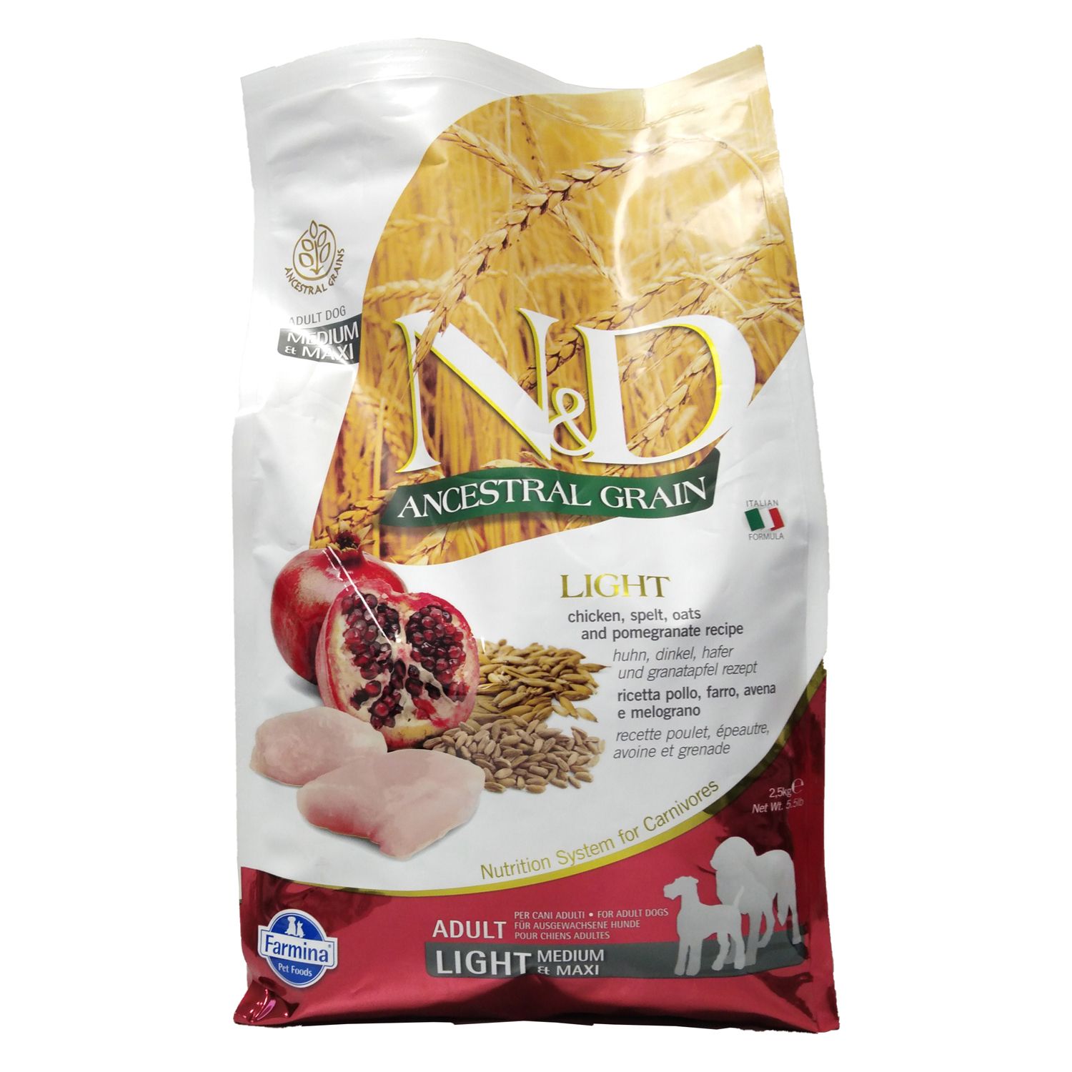 Verpackung Trockenfutter. Huhn, Granatapfel, Getreide. Text: N&D Ancestral Grain, Light. Farmina Logo. Italienische Flagge.