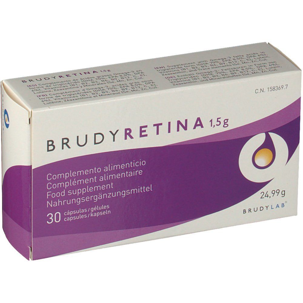 Scatola di "BRUDYRETINA 1,5g" con 30 capsule. Confezione bianca e viola con logo e testo multilingue.