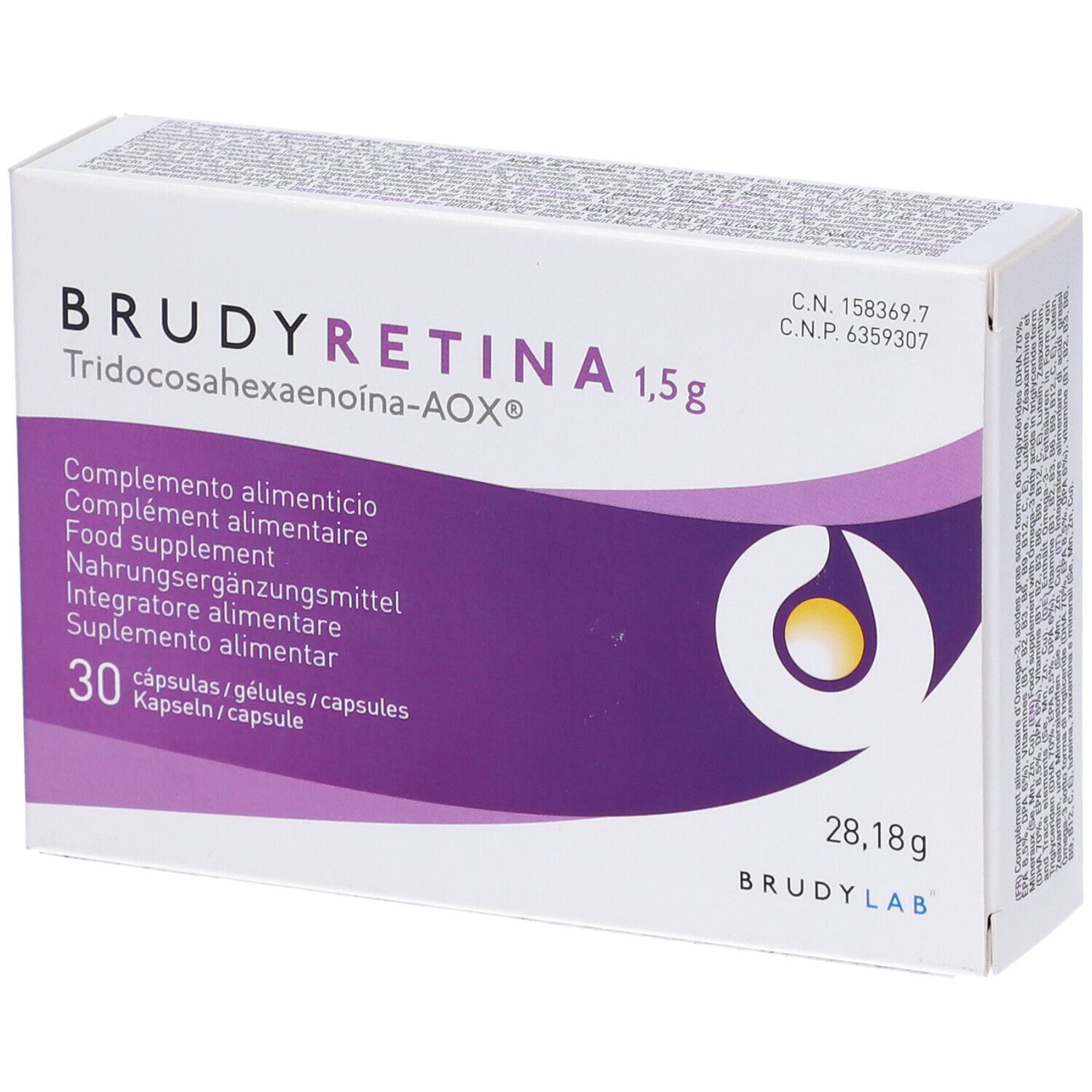 Scatola "BRUDYRETINA 1,5g" con 30 capsule. Confezione bianca e viola con logo e testo multilingue.