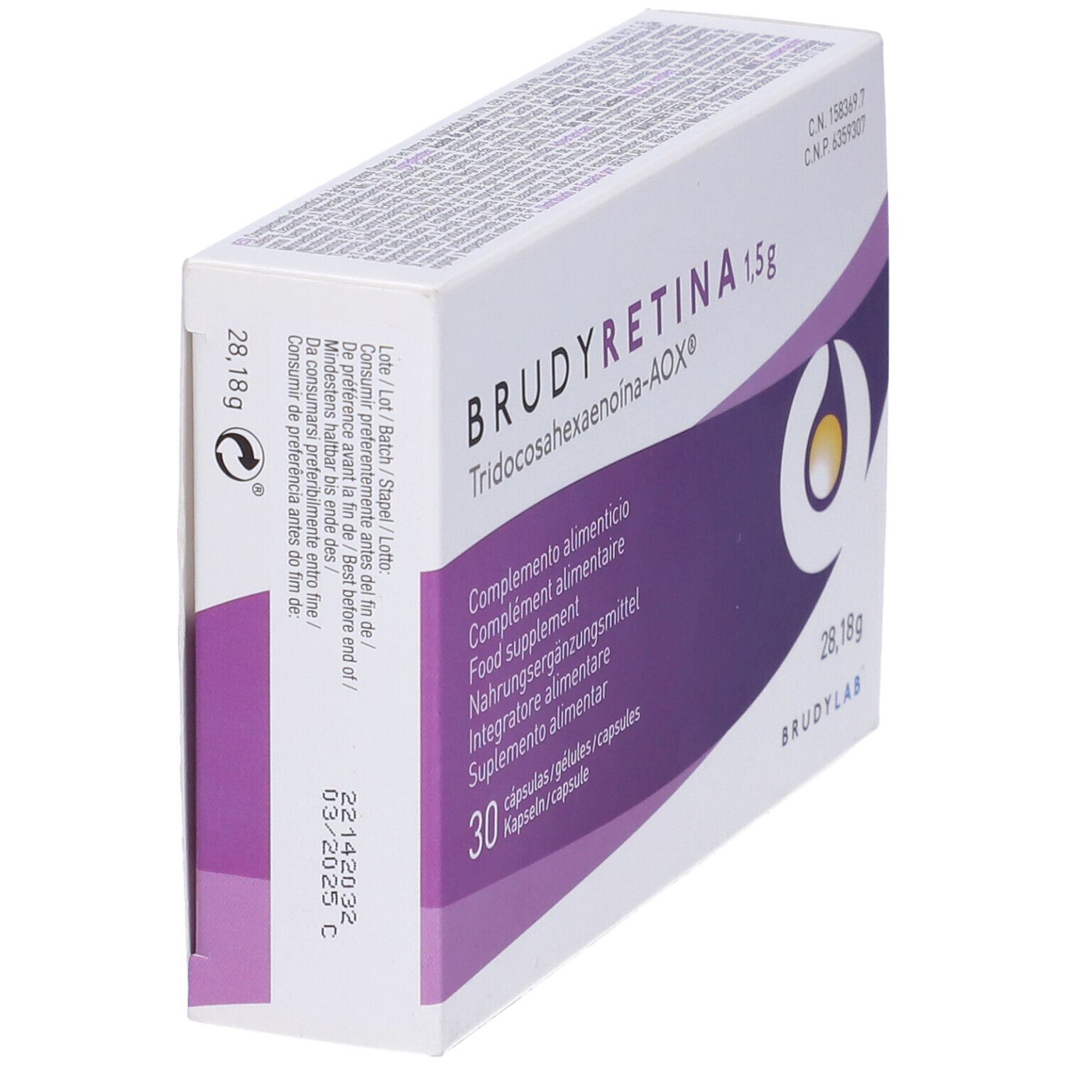 Scatola "BRUDYRETINA 1,5g" con 30 capsule. Confezione bianca e viola con logo e testo multilingue.