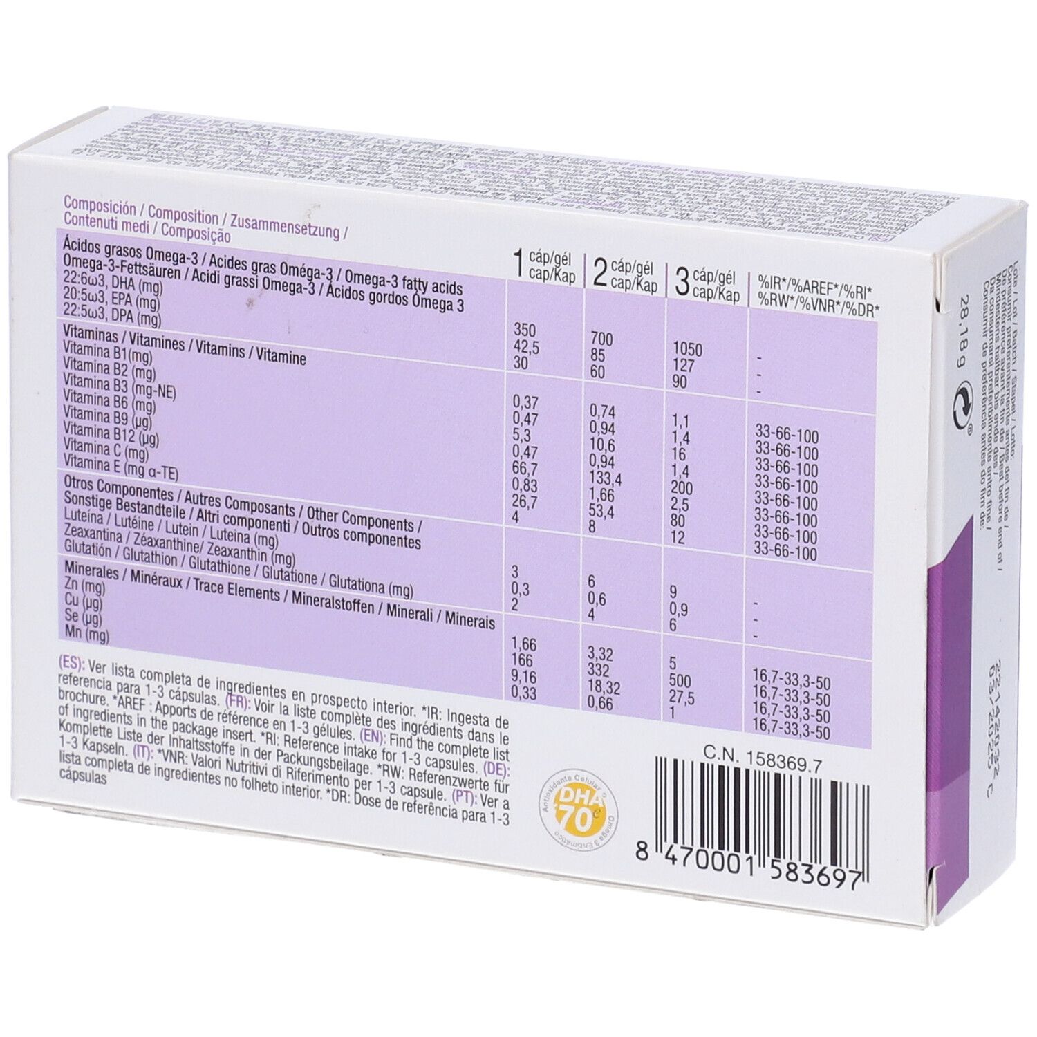 Retro della confezione "BRUDYRETINA". Tabella con ingredienti e informazioni nutrizionali.