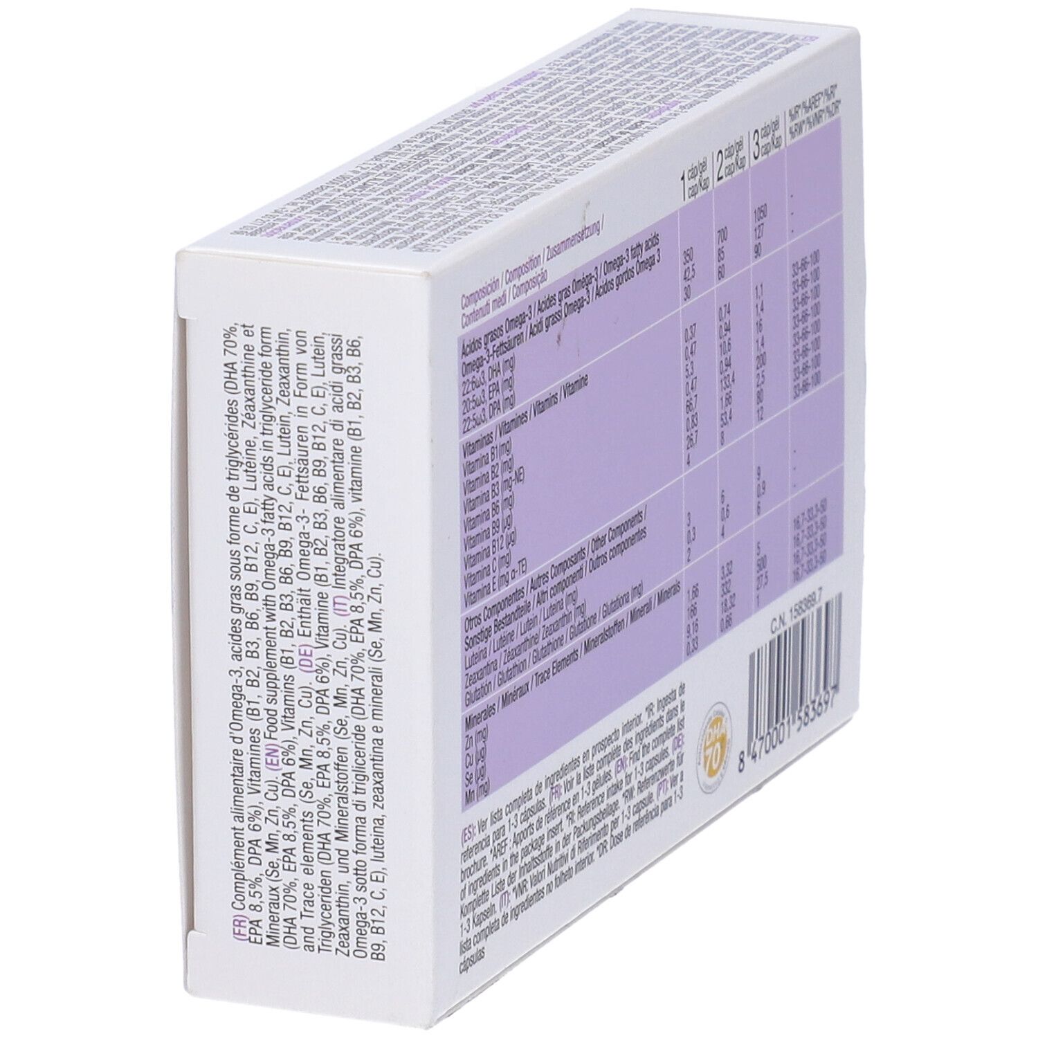 Retro della confezione "BRUDYRETINA". Tabella con ingredienti e informazioni nutrizionali.