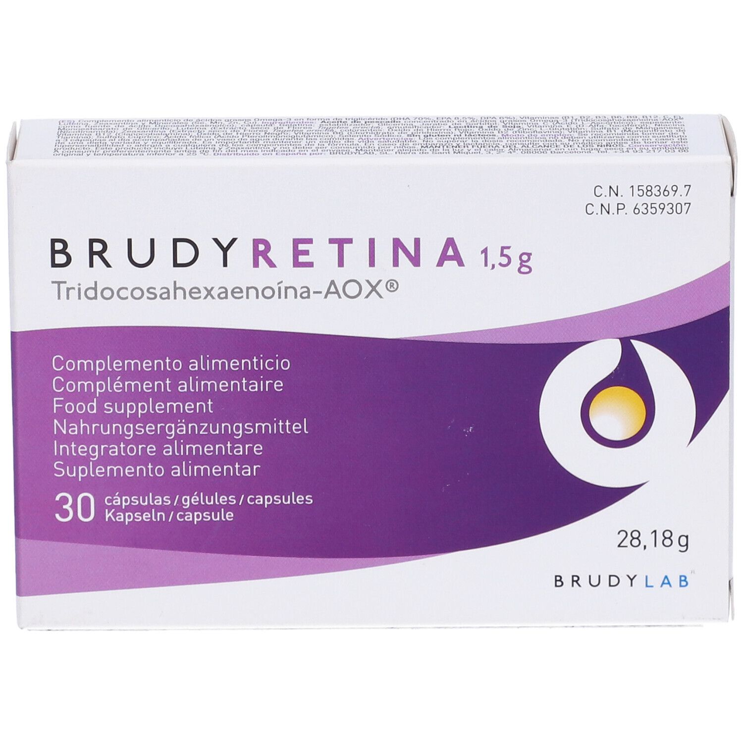 Scatola "BRUDYRETINA 1,5g" con 30 capsule. Confezione bianca e viola con logo e testo multilingue.