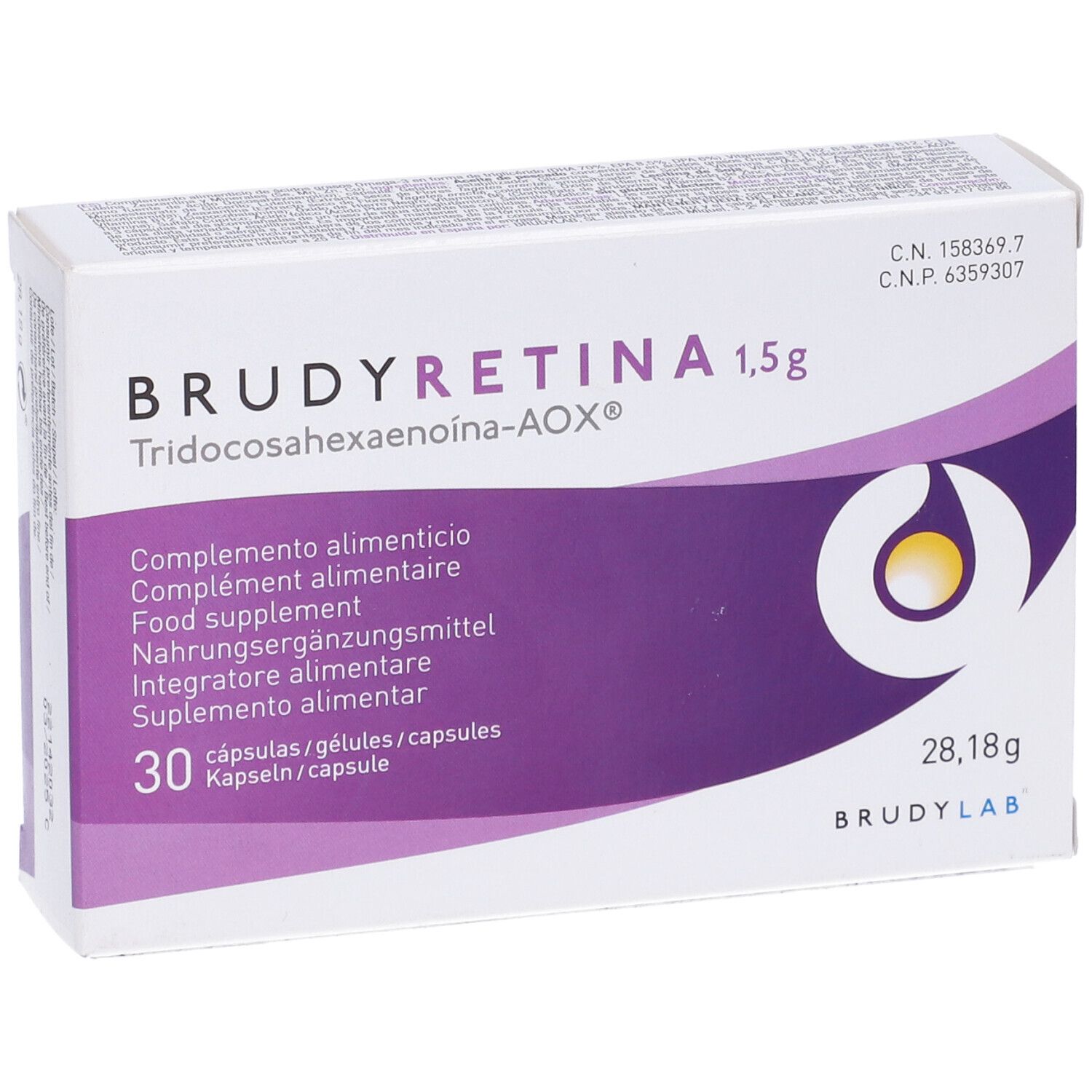 Scatola "BRUDYRETINA 1,5g" con 30 capsule. Confezione bianca e viola con logo e testo multilingue.