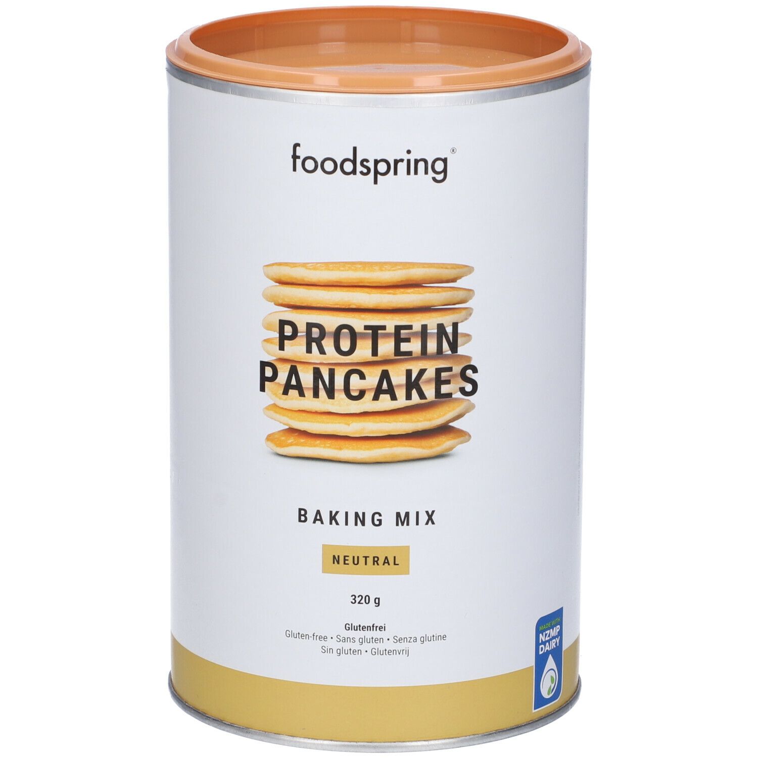 Barattolo cilindrico Foodspring Protein Pancakes. Scritta: Protein Pancakes, miscela per cottura, neutro. Senza glutine, 320g.