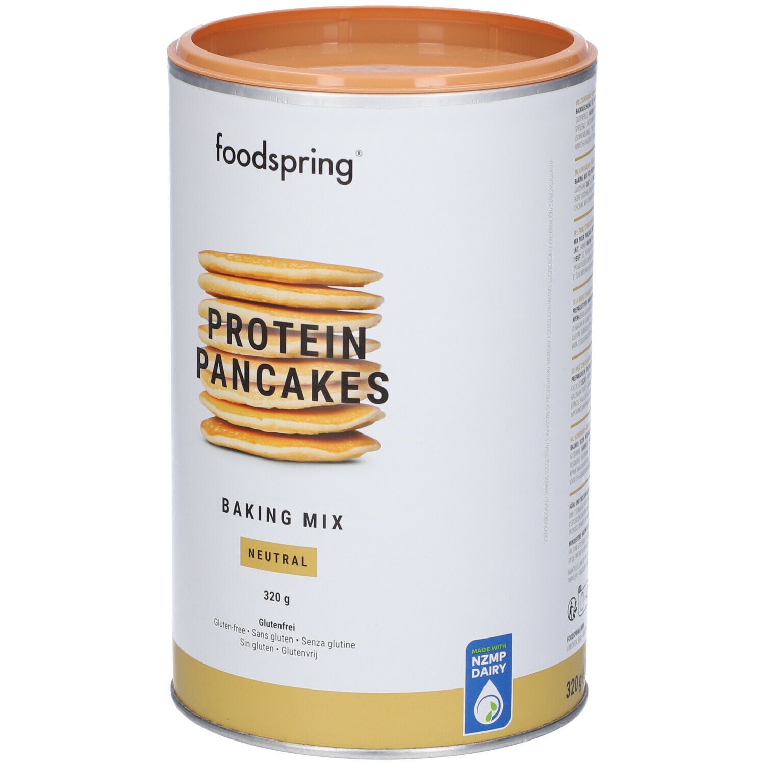 Barattolo cilindrico Foodspring Protein Pancakes. Scritta: Protein Pancakes, miscela per cottura, neutro. Senza glutine, 320g. Sigillo NZMP Dairy.