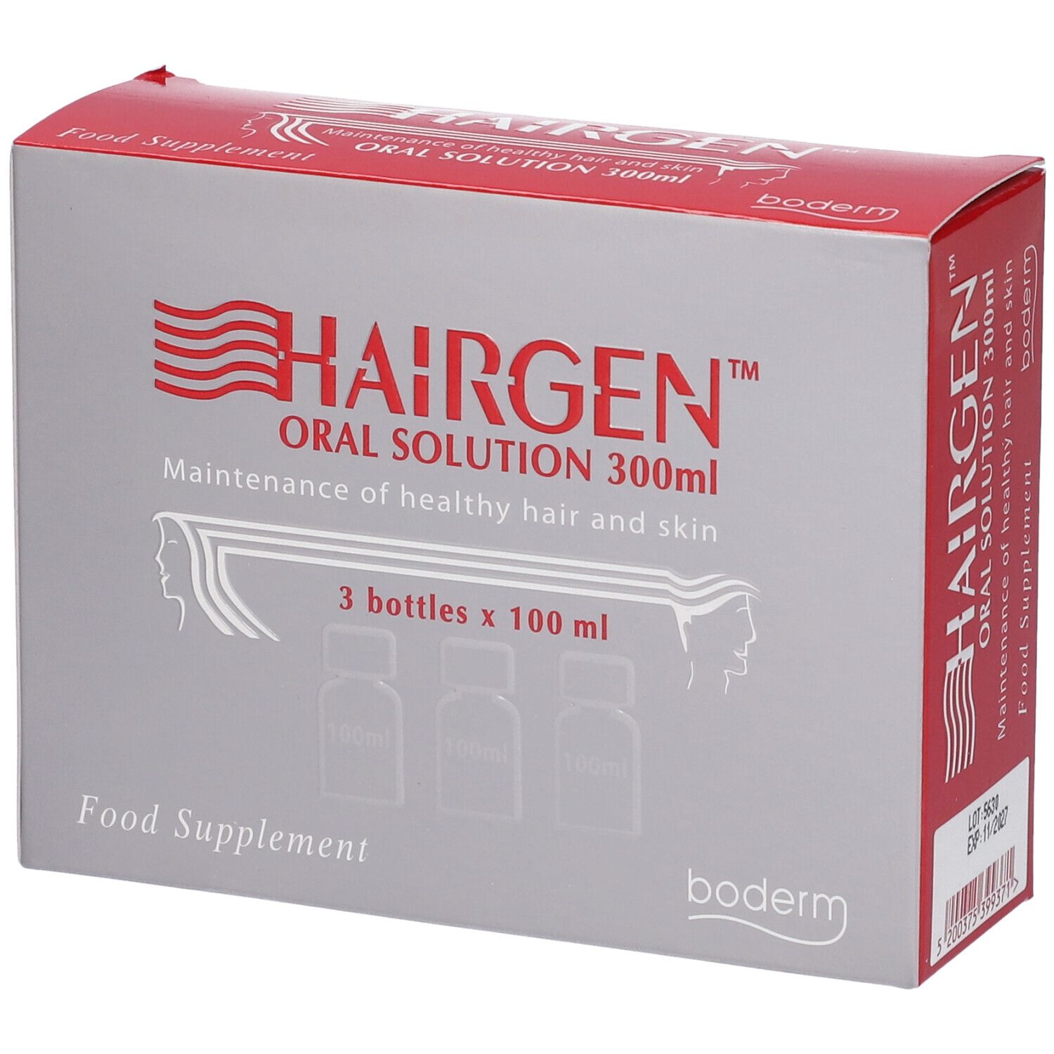 Packung mit 3 Flaschen Hairgen Oral Solution, je 100 ml. Für gesundes Haar und Haut.