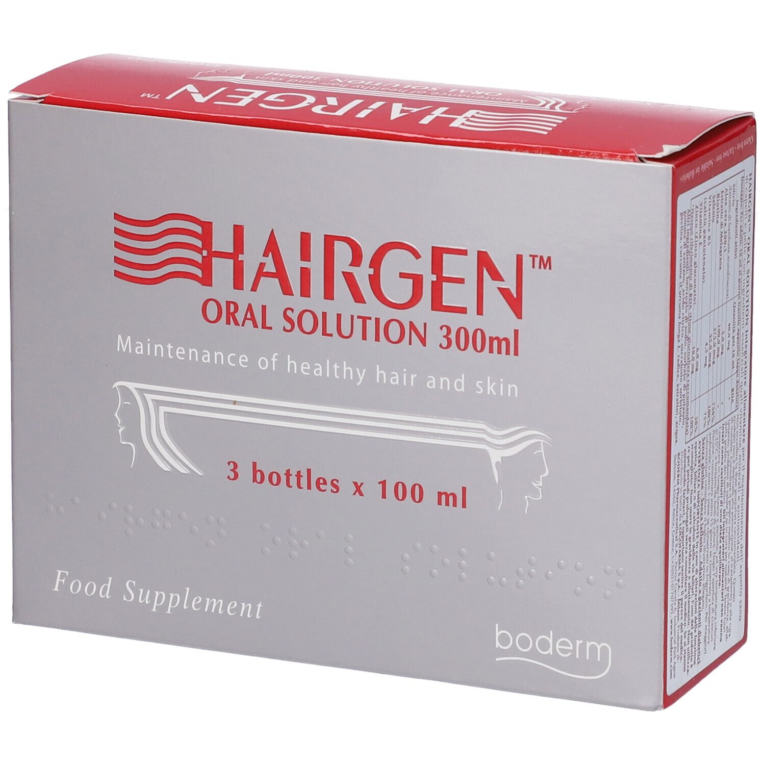 Packung mit 3 Flaschen Hairgen Oral Solution, je 100 ml. Für gesundes Haar und Haut.