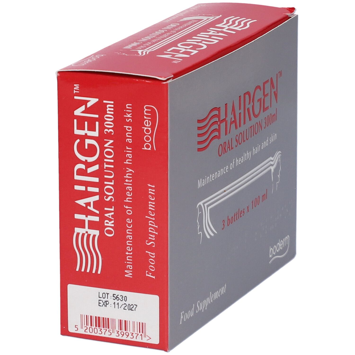 Packung mit 3 Flaschen Hairgen Oral Solution, je 100 ml. Für gesundes Haar und Haut.