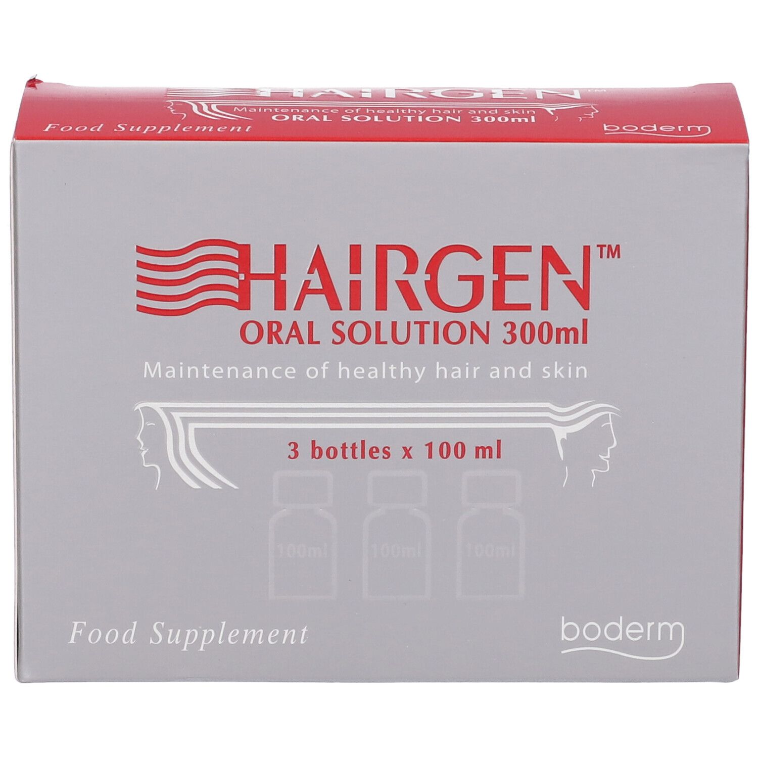 Packung mit 3 Flaschen Hairgen Oral Solution, je 100 ml. Für gesundes Haar und Haut.
