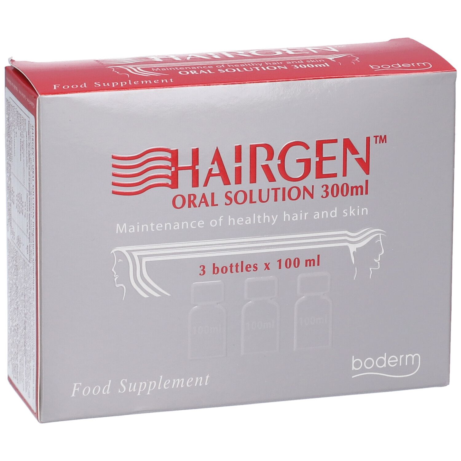 Packung mit 3 Flaschen Hairgen Oral Solution, je 100 ml. Für gesundes Haar und Haut.
