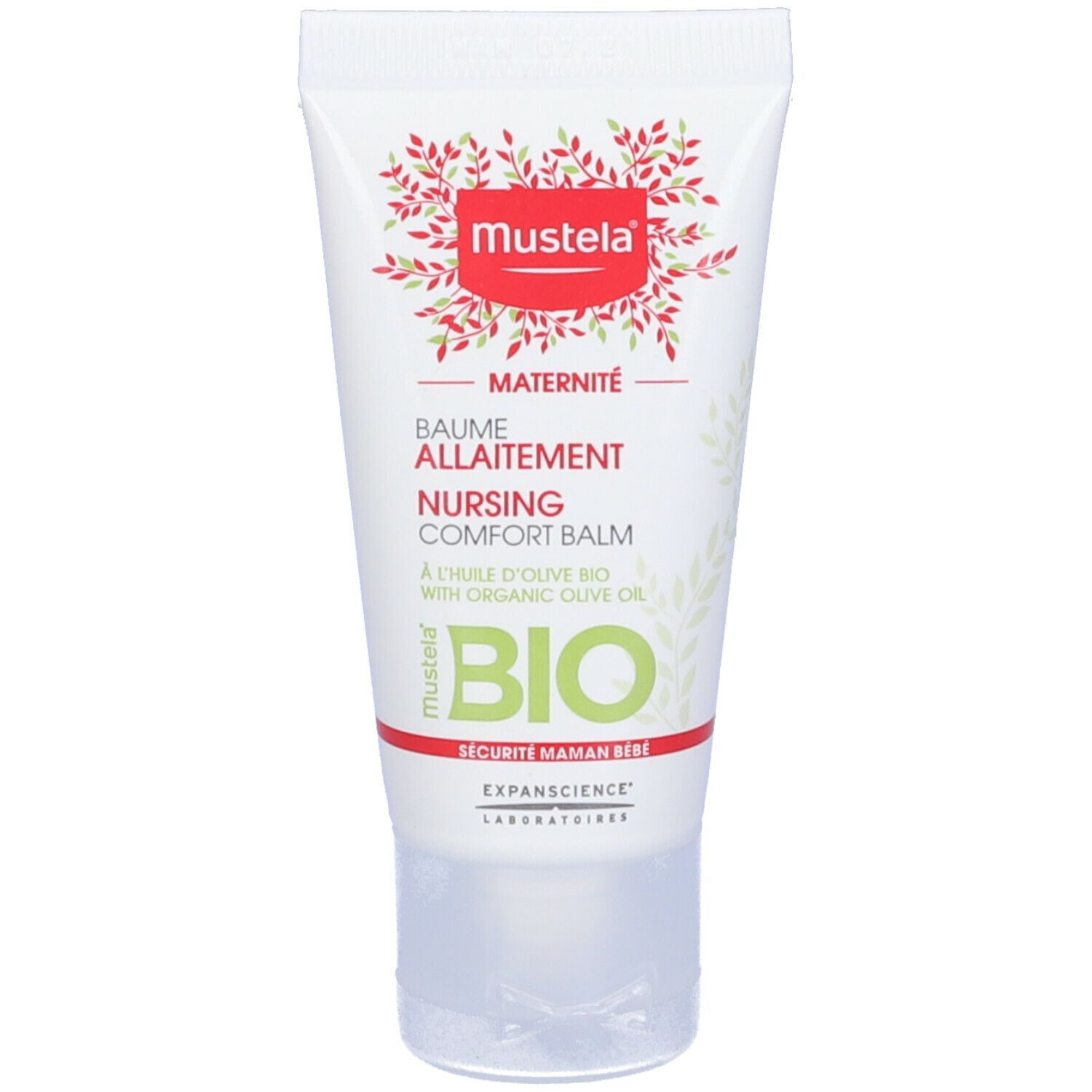 Tubo bianco con logo rosso. Testo: Nursing Comfort Balm, BIO. Contiene olio d'oliva. Tappo trasparente.