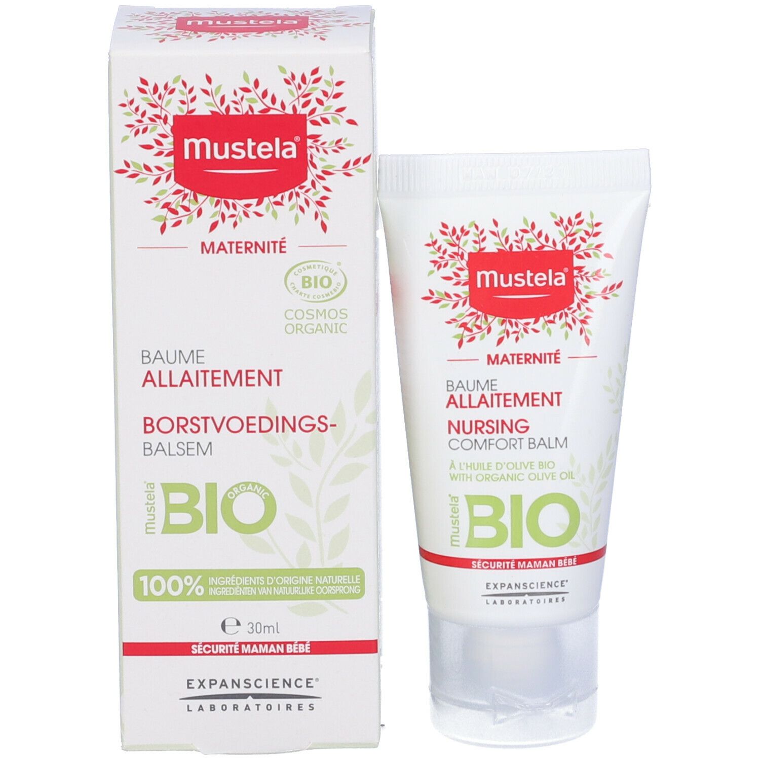 Confezione e tubo. Confezione: bianca, rossa, testo: Baume Allaitement, BIO. Tubo: bianco, rosso, testo: Nursing Comfort Balm.